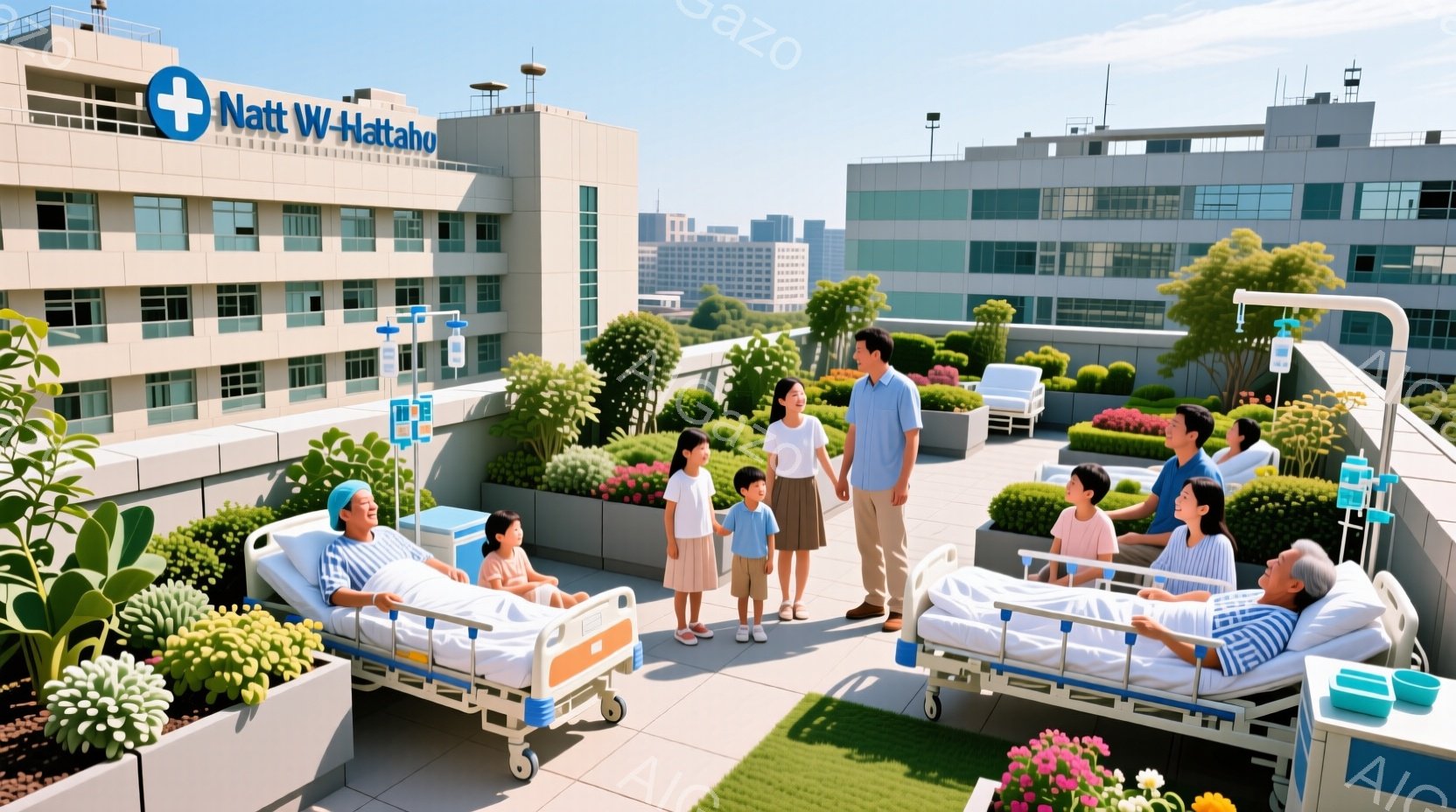 屋上庭園に患者とその家族が集まっている様子が描かれています。患者はベッドに横たわり、点滴を受けていますが、表情は穏やかで、家族は笑顔で患者を囲んでいます。背景には高層ビル群と青空が広がり、緑豊かな庭園が患者と家族を優しく包み込んでいます。