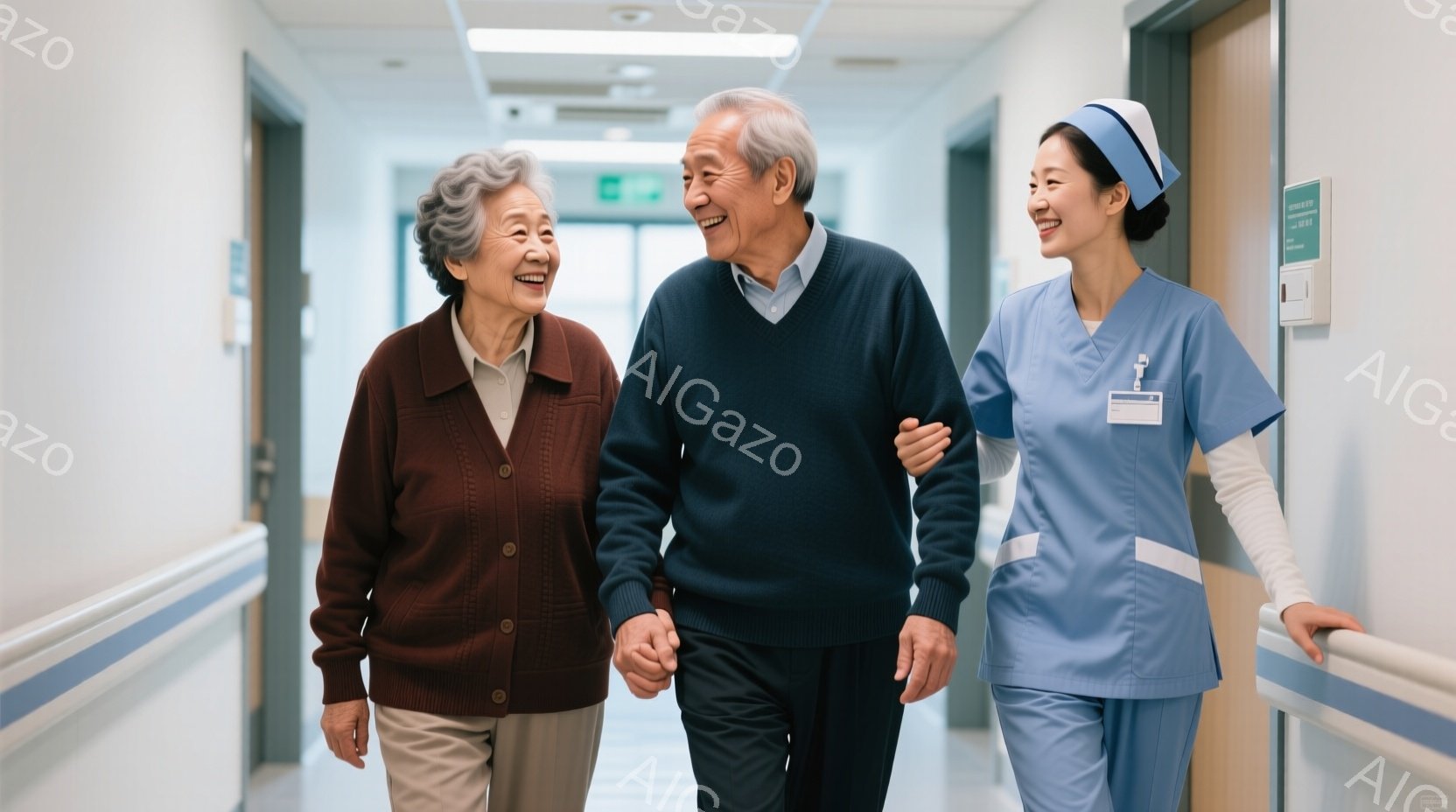 白髪の高齢女性が、濃い青色のセーターを着て、優しい笑顔を見せています。隣には同じく白髪の高齢男性がおり、同じように笑顔で、女性と手を繋いで歩いています。二人は病院の廊下を歩いており、背景には白く清潔な壁と手すり、そして医療従事者らしき女性が青い制服を着て笑顔で寄り添っています。