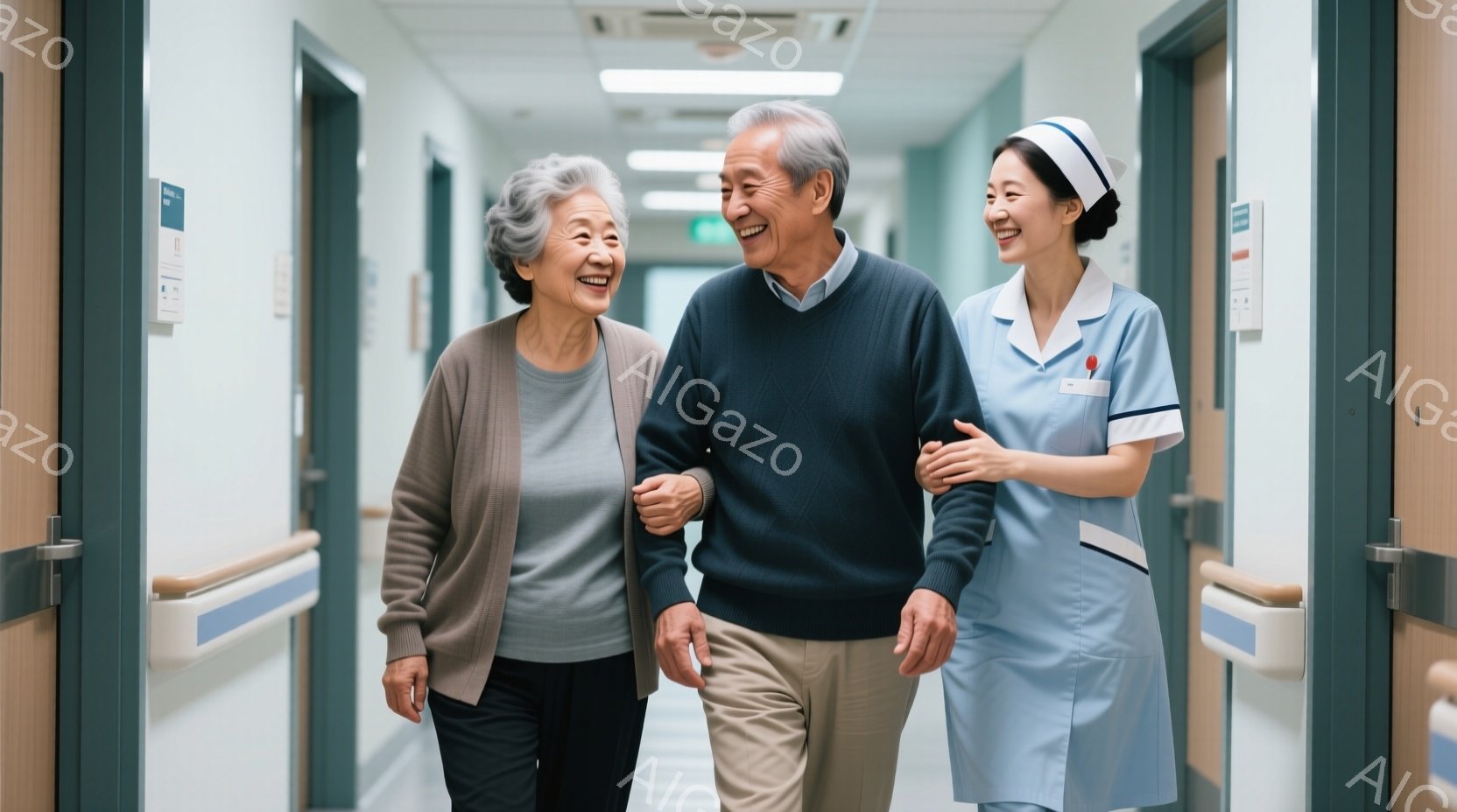 白髪の女性はカーディガンを羽織り、黒いズボンを履いています。笑顔で、看護師と腕を組んで廊下を歩いています。看護師は水色の制服を着ており、二人とも楽しそうで温かい雰囲気です。