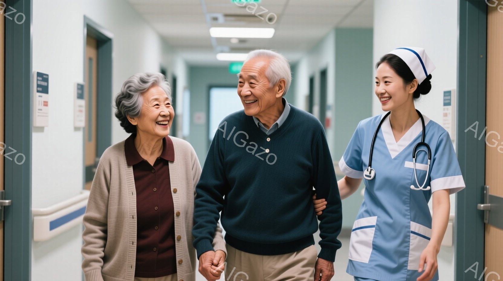 白髪の老婦人はベージュのカーディガンと茶色のブラウスを着ており、笑顔で歩いています。隣には、紺色のポロシャツを着た老紳士がおり、同じように笑顔で、肩を組んで歩いています。背景は病院の廊下で、白く清潔感があり、医療従事者が青い制服を着て笑顔で歩いている様子が伺えます。