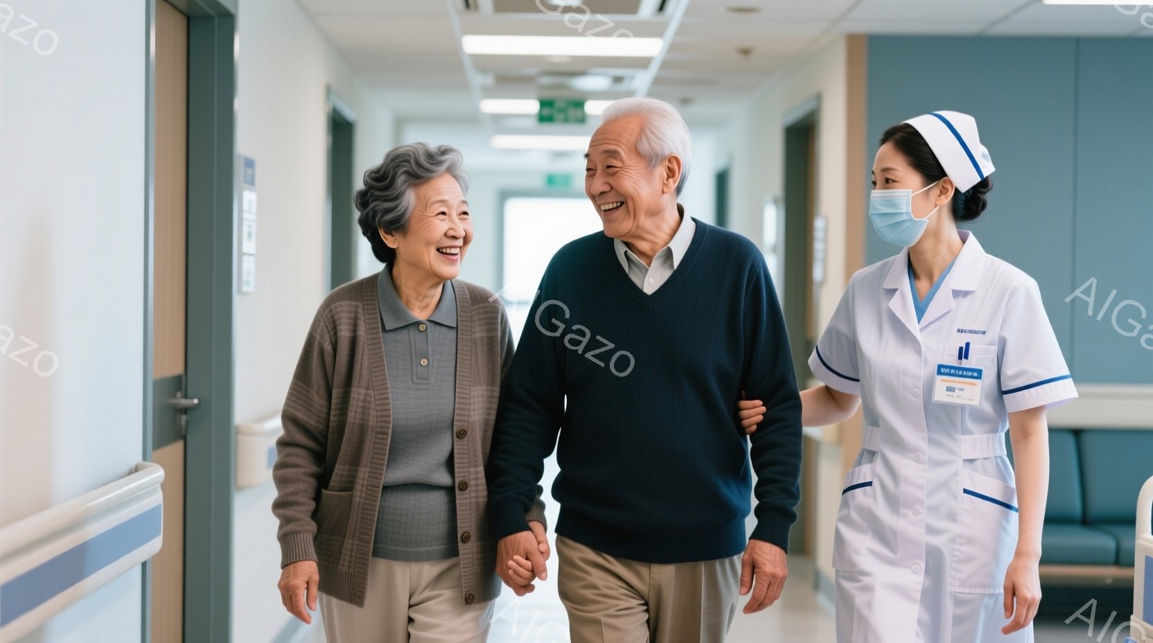 高齢の夫婦が、病院の廊下を看護師に付き添われながら歩いています。女性はベージュのカーディガンに薄いピンクのブラウス、男性は濃い青のセーターとベージュのズボンを着用し、共に笑顔を浮かべています。廊下は白 - AI生成フリー素材