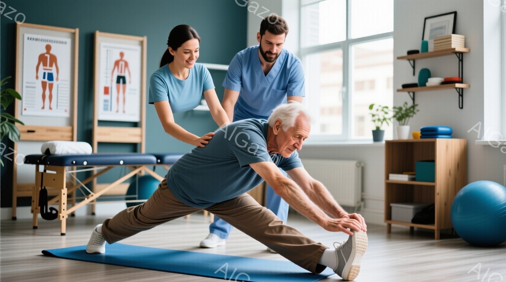 白髪の男性がヨガマットの上で体を横に伸ばすストレッチをしており、若い女性と男性の医療従事者が彼をサポートしている。女性は薄い水色のスクラブを着て微笑み、男性は同じスクラブを着て男性の背中に手を置いてい - AI生成フリー素材