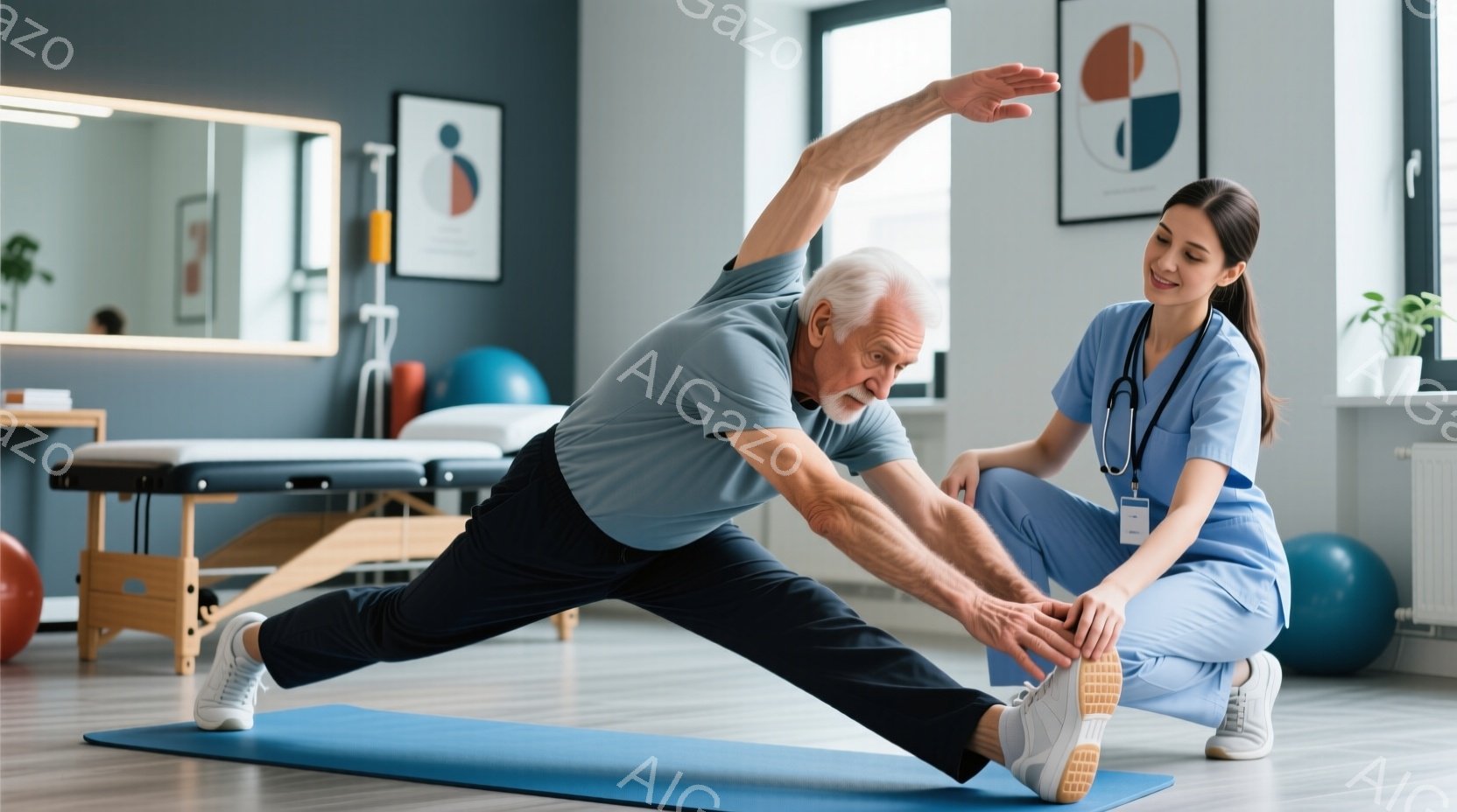 白髪でひげを生やした高齢男性が、青いヨガマットの上でストレッチをしている。彼は青いTシャツとスニーカーを履き、体を大きく横に伸ばしている。若い女性の医療従事者が膝を支えながら、笑顔で彼を見守っている。背景には、エクササイズボールや診察台があり、リハビリテーションジムのような明るい空間が広がっている。