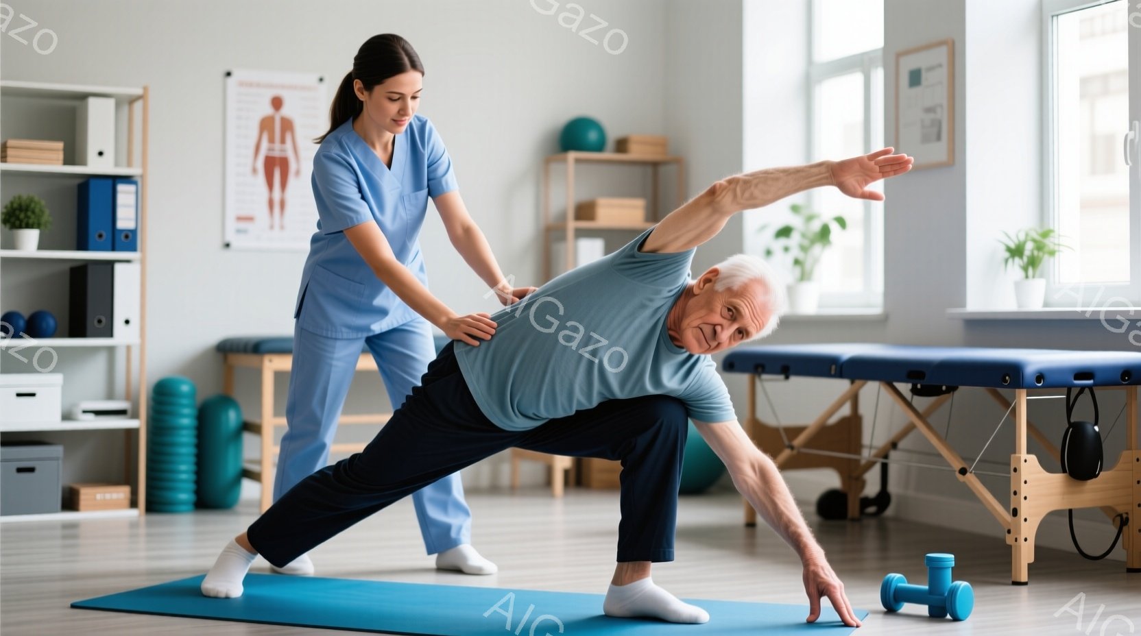 高齢の男性が青いヨガマットの上でストレッチをしており、若い女性のセラピストが彼の姿勢をサポートしている。男性はグレーのTシャツと白い靴下を履き、女性は青いスクラブを着ている。背景には、医療機器やストレッチグッズが置かれた明るい治療室が見える。