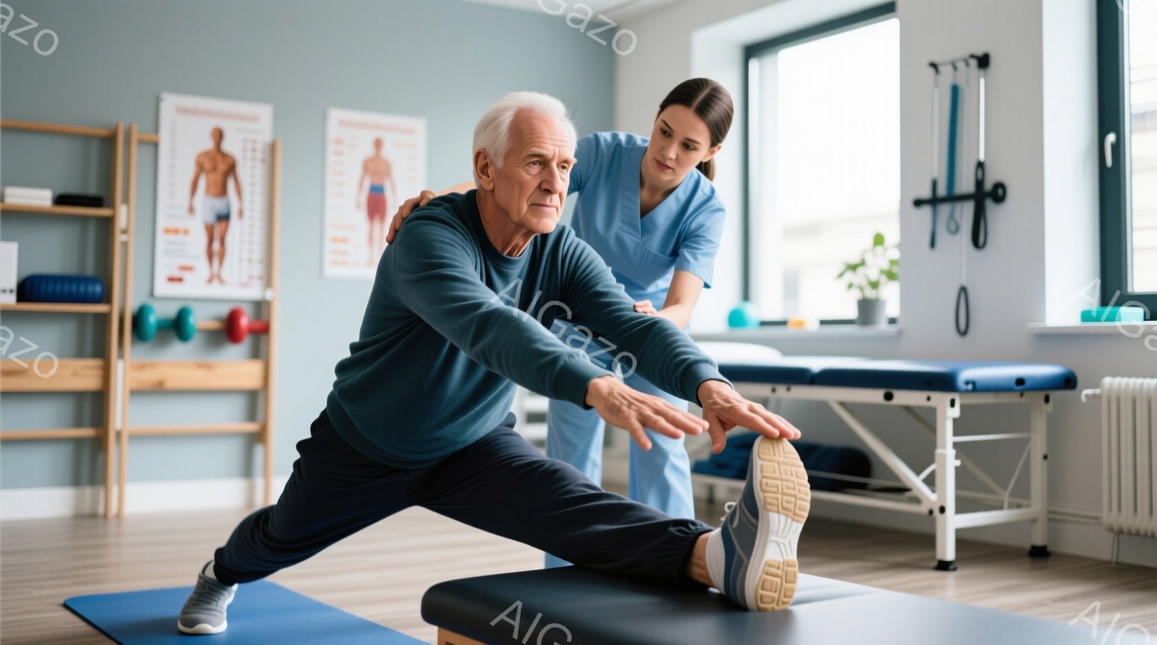 白髪の男性が、青いジャージとスニーカーを着用し、片膝を曲げてストレッチをしている。後ろには、青いスクラブを着た女性がおり、男性の背中を支えながら補助している。背景には、医療器具や人体の図が飾られた棚、青い診察台があり、リハビリテーションを行う医療機関の様子が窺える。