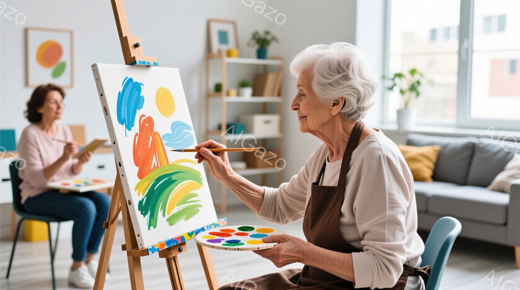 白髪の女性がエプロン姿でキャンバスに向かい、オレンジと青の鮮やかな絵を描いている。彼女は集中した表情で筆を握り、椅子に座って絵を描いている。背景には、別の女性が描いている様子や、白いソファ、植物、アートワークが飾られた明るいリビングルームが見える。