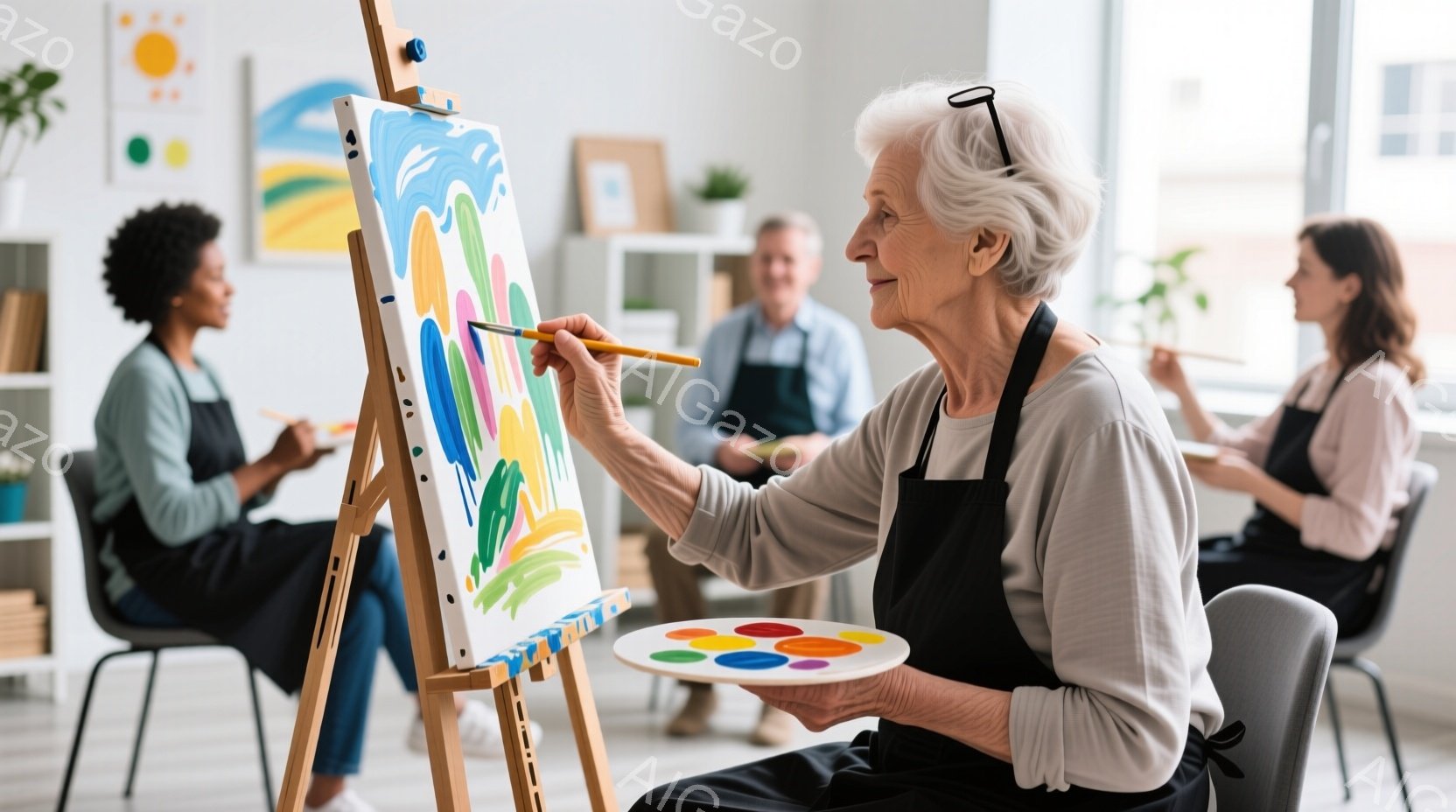 白髪の女性がキャンバスに絵を描いており、穏やかな表情で集中しています。彼女はグレーのシャツと黒いエプロンを着ており、眼鏡をかけています。背景には他の絵を描く人々や、植物、絵画が飾られた明るい室内が見え、温かく創造的な雰囲気が漂っています。