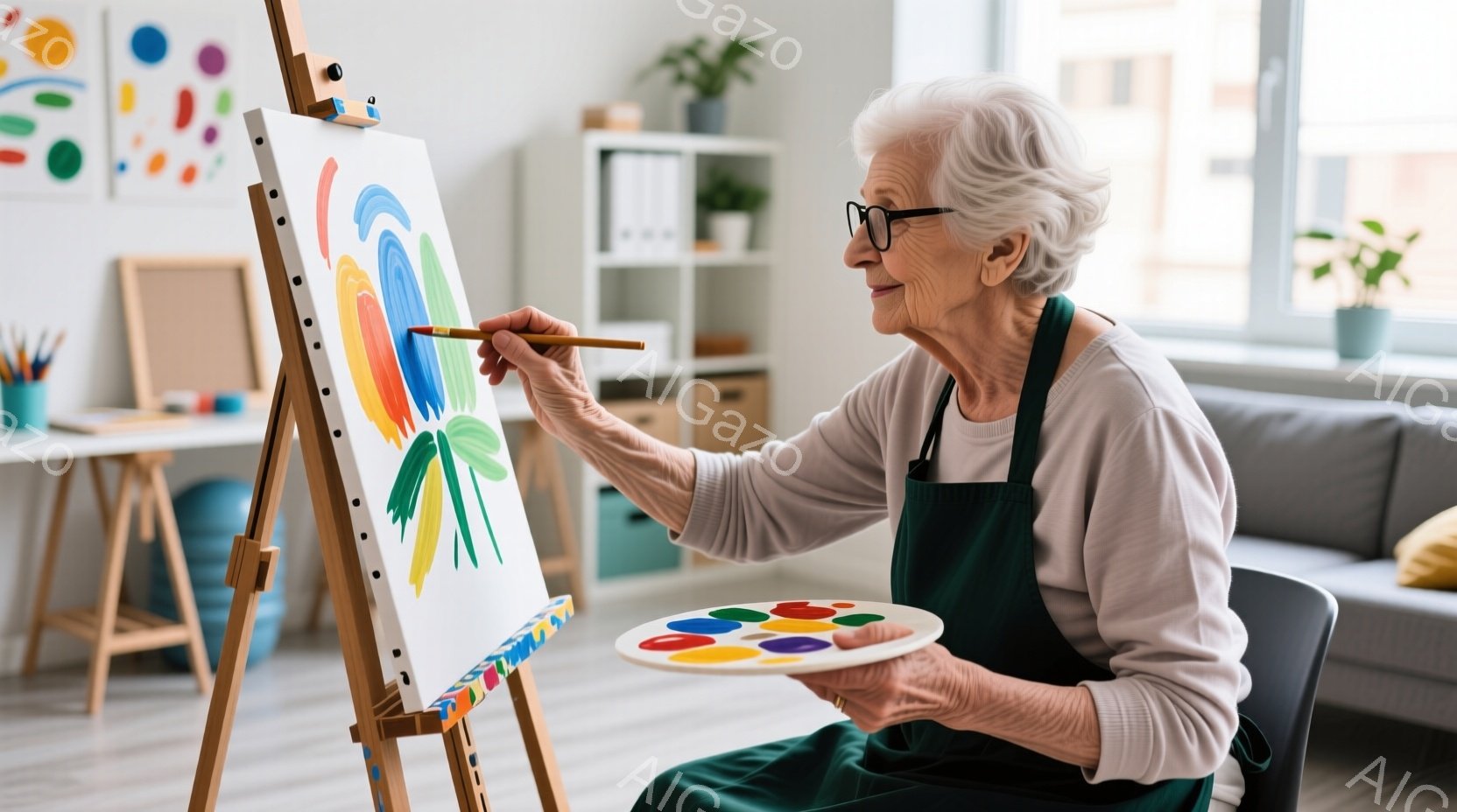 白髪の女性がイーゼルに向かって絵を描いています。彼女は緑色のエプロンとグレーのシャツを着ており、集中した表情でブラシを握っています。背景には、ソファー、植物、本棚が見え、明るく穏やかな雰囲気の室内であ - AI生成フリー素材