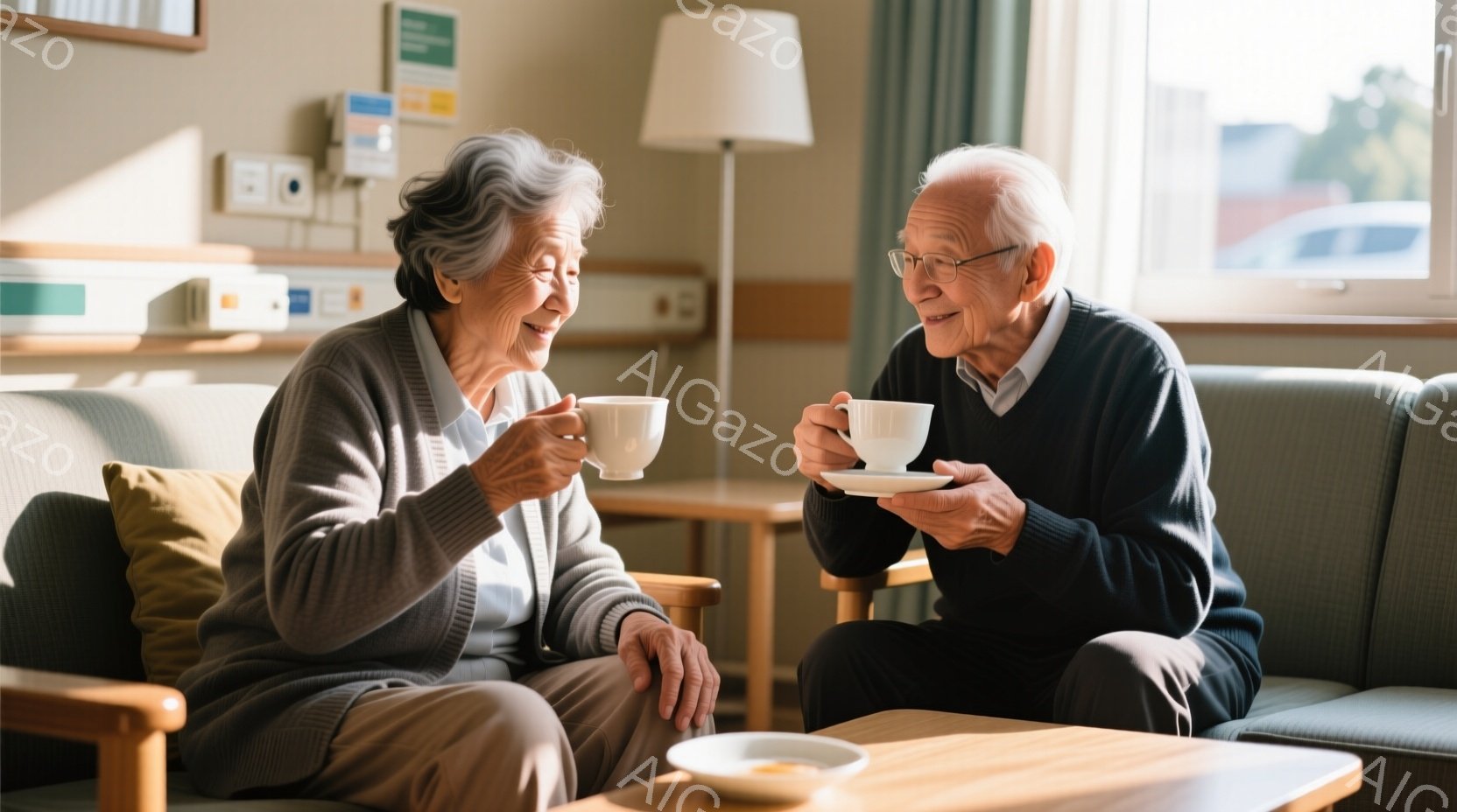 年配の男女がソファに座り、お互いに微笑みながらカップを持ってティータイムを楽しんでいます。女性はグレーのセーターを着ており、髪は白髪が目立ちます。背景には明るい室内と窓の外の建物が見え、穏やかで暖かい - AI生成フリー素材