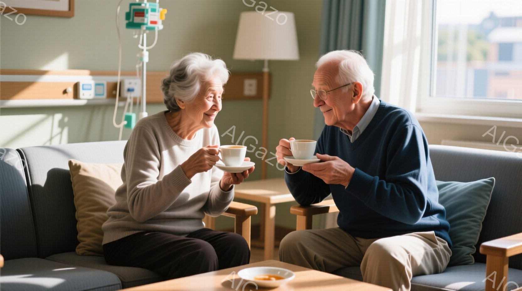 白髪の女性と男性が、病院のような場所でソファーに座り、お茶を手に微笑み合っています。女性はベージュのセーターと濃いズボン、男性は青いセーターとベージュのズボンを着用しており、リラックスした姿勢で互いに - AI生成フリー素材