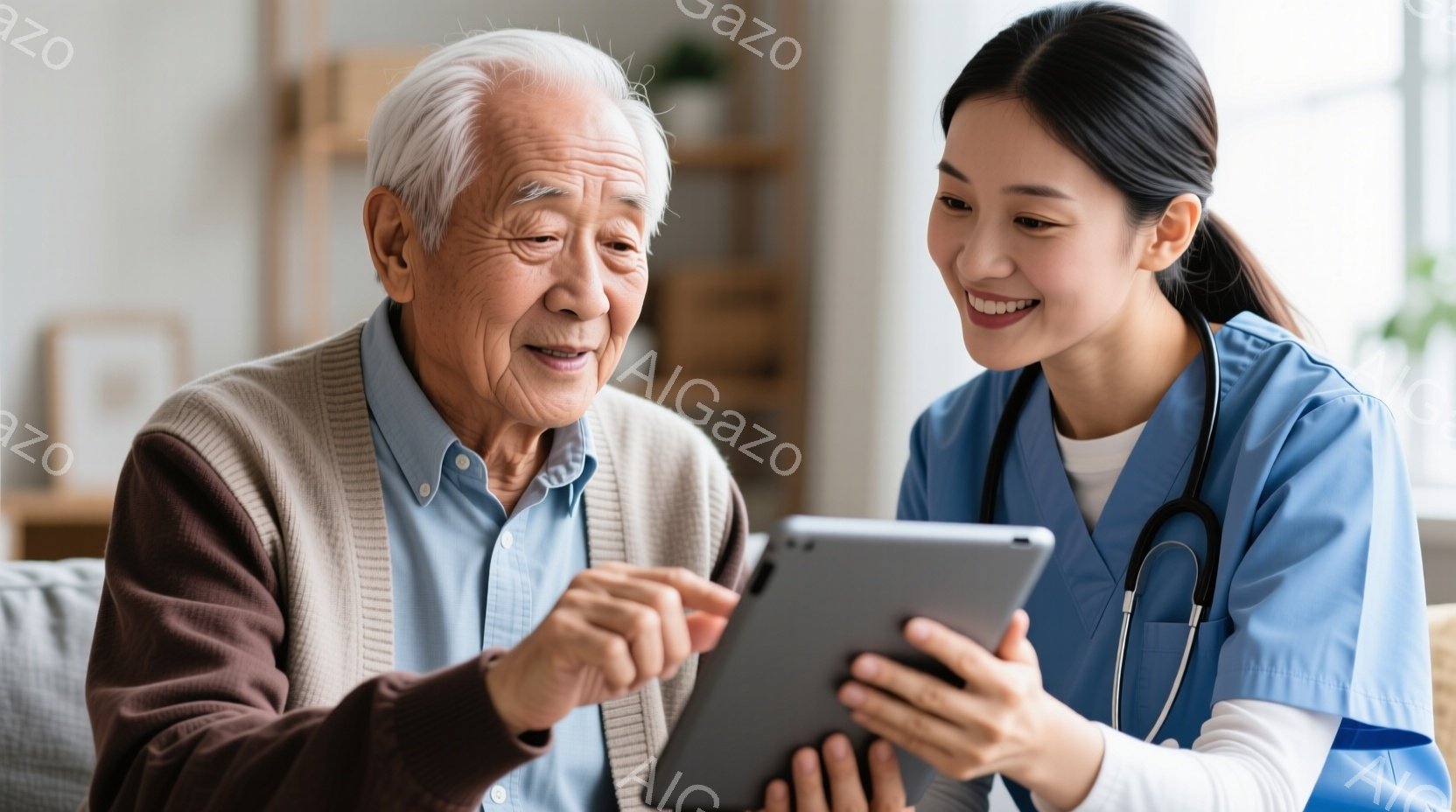 高齢の男性が青いシャツにセーターを着て、タブレットパソコンを女性医療従事者と見ながら指で画面を指しています。女性は白い制服を着け、笑顔でタブレットを見つめ、優しく対応している様子が伺えます。背景には、穏やかな色調の家具と、柔らかい光が差し込む室内が広がっており、暖かく安心感のある雰囲気です。