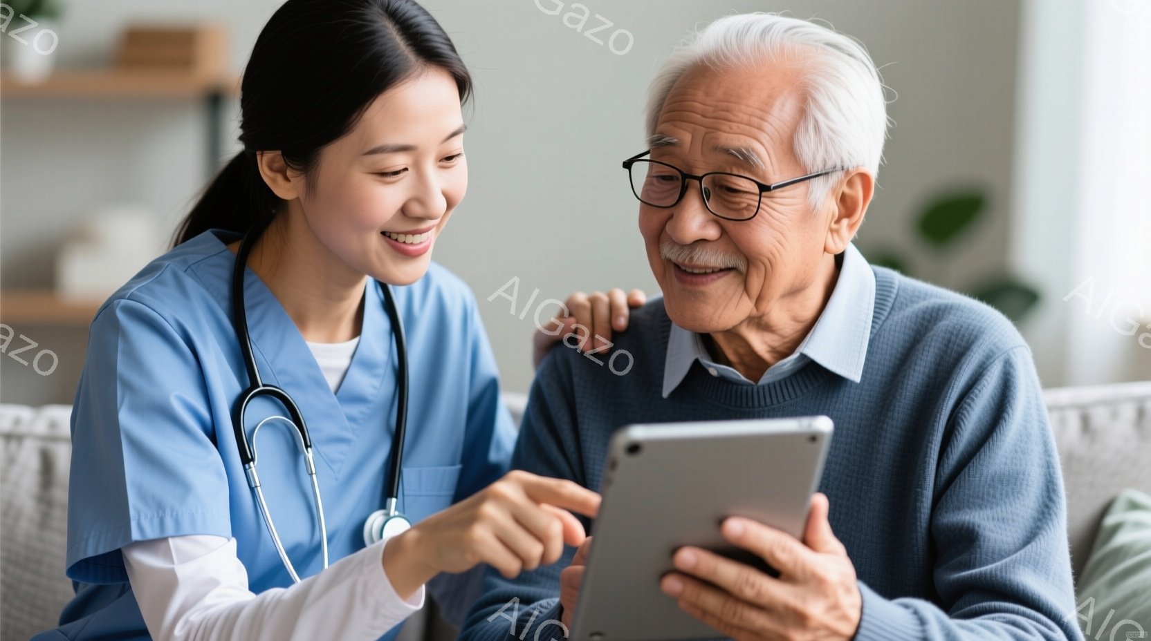 看護師は薄い青色のスクラブと聴診器を身につけ、笑顔でタブレットを指差しています。高齢の男性はセーターを着ており、タブレット画面を穏やかに見つめています。背景には薄い緑色のソファと観葉植物が見え、室内は明るく、温かい雰囲気が漂っています。