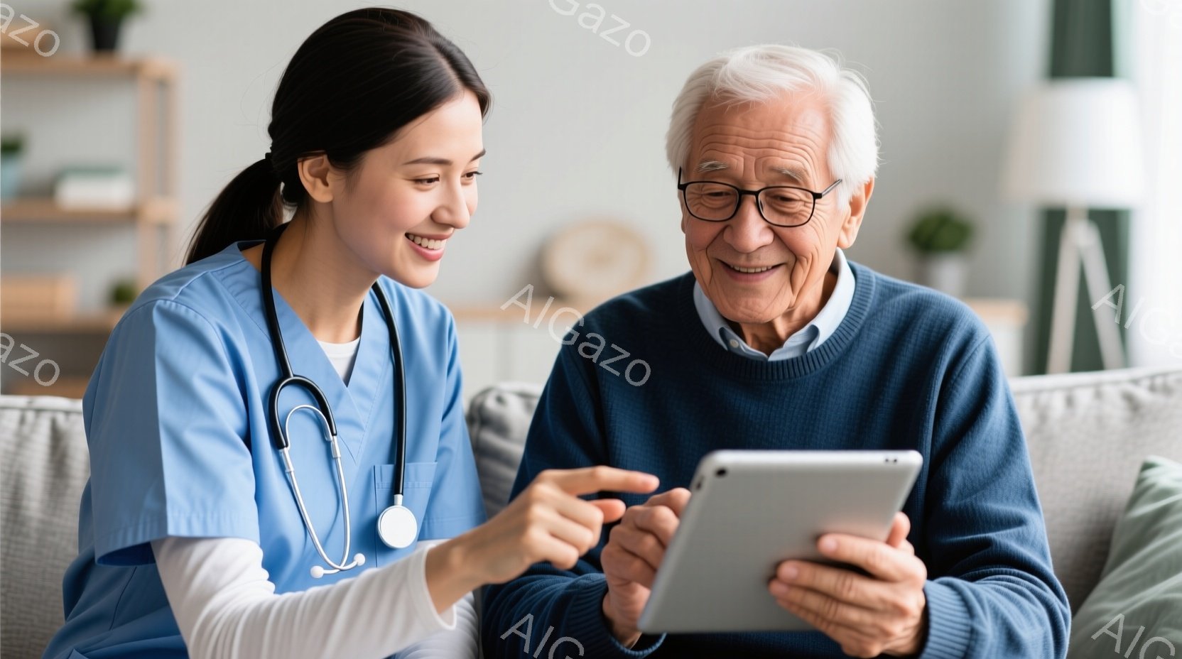 看護師と思われる若い女性が、患者と思われる年配の男性とソファに座り、タブレットパソコンを見ながら指で画面を指し示しています。女性は白衣を着用し、聴診器を首にかけており、笑顔で優しく説明しているようです。背景には明るいリビングルームがあり、観葉植物や穏やかな雰囲気が伝わってきます。