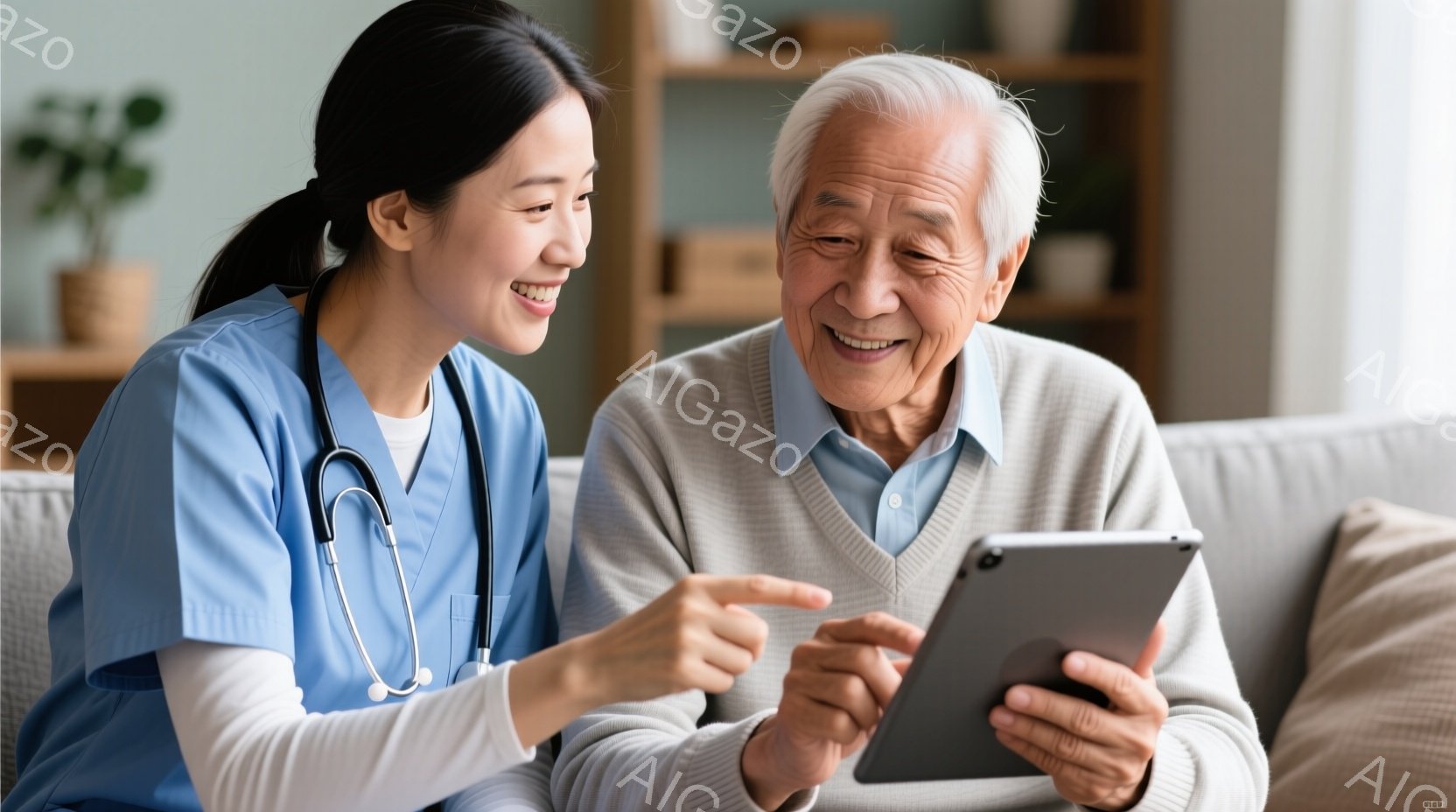 看護師はターコイズブルーのスクラブと白いアンダーシャツを着ており、黒髪を後ろでポニーテールにまとめています。彼女は笑顔で、タブレットを指差して高齢の男性に何かを説明しています。男性はグレーのカーディガ - AI生成フリー素材