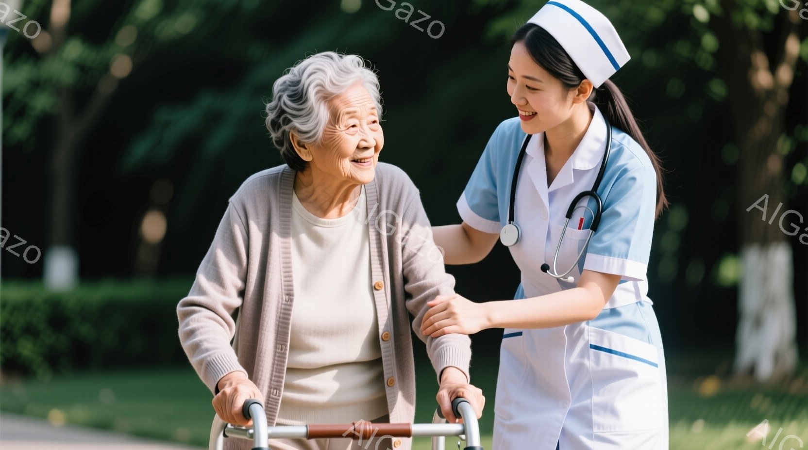白髪の高齢女性が歩行器を使って歩いており、優しい笑顔を浮かべています。看護師と思われる若い女性が、彼女の腰を支えながら寄り添い、同様に笑顔を見せています。背景には緑豊かな木々が見え、晴れた日の穏やかな雰囲気が伝わってきます。