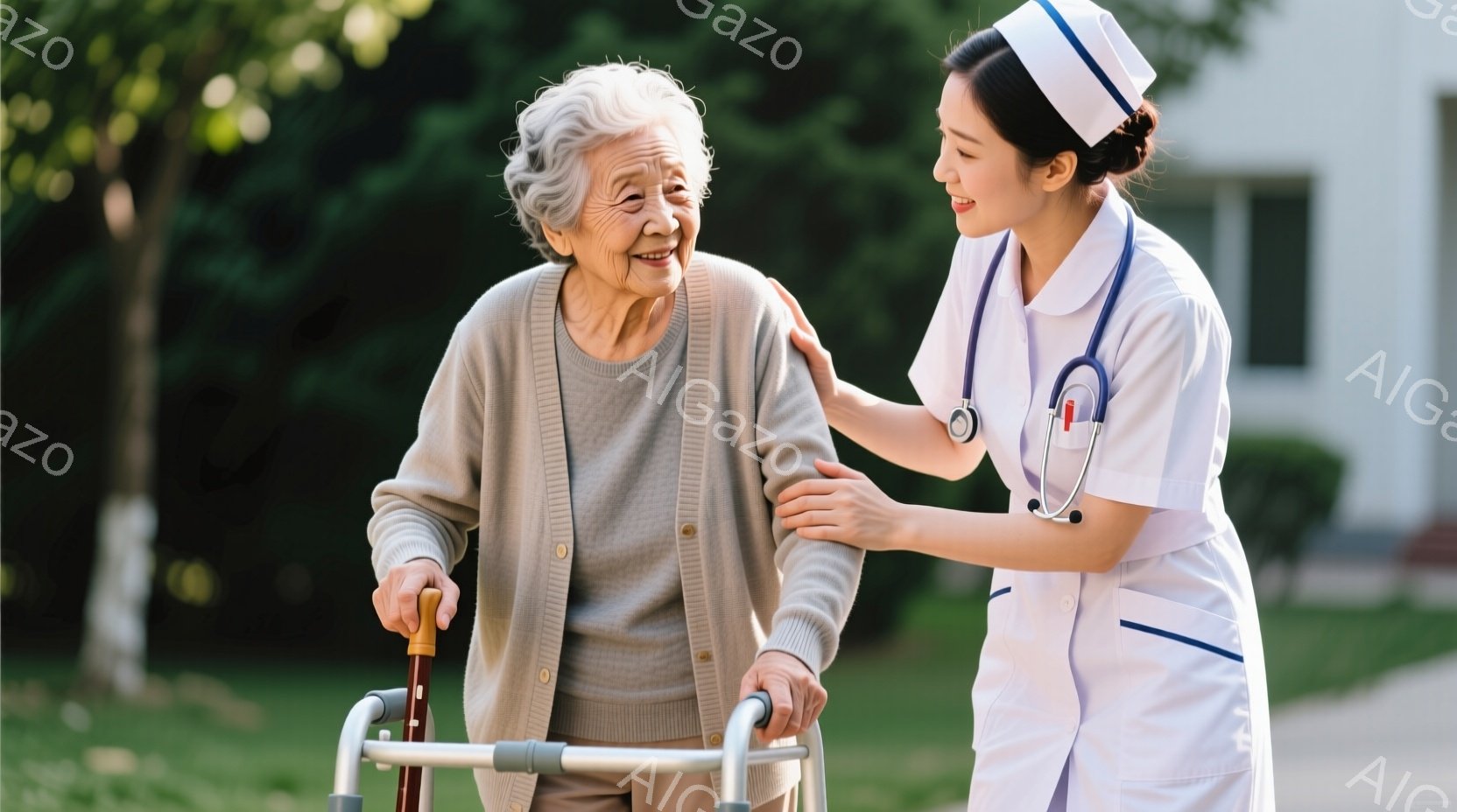 白髪の老婦人が歩行器を使って歩いており、看護師が彼女の肩に手を置いて支えながら寄り添っています。老婦人は穏やかな笑顔を浮かべ、看護師も優しく微笑んでいます。背景には緑豊かな木々や建物が見え、晴れた日の穏やかな雰囲気が伝わってきます。
