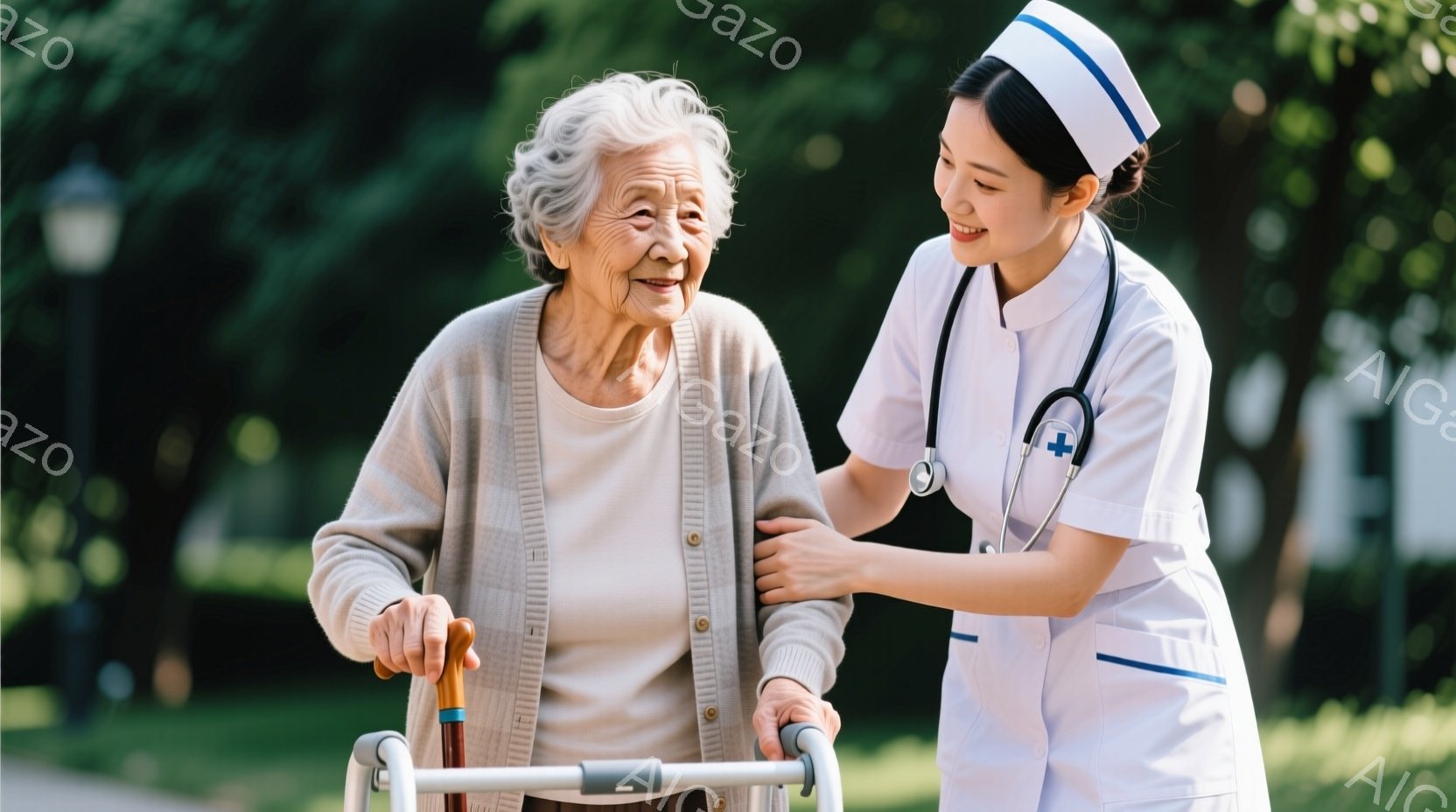 白髪の高齢女性が歩行器を使って歩いています。彼女は薄いグレーのカーディガンを着ており、優しい笑顔を浮かべています。若い女性の看護師が彼女の側を歩き、優しく支えながら寄り添い、暖かく穏やかな雰囲気が漂っ - AI生成フリー素材