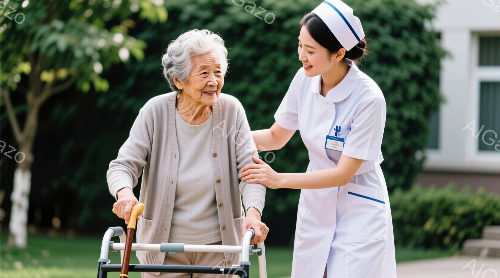 白髪の高齢女性が歩行器を使って歩いており、若い女性の看護師が彼女の横を歩き、支えとなっています。高齢女性はベージュのカーディガンと薄い色のシャツを着ており、優しい笑顔を浮かべています。背景には緑豊かな - AI生成フリー素材