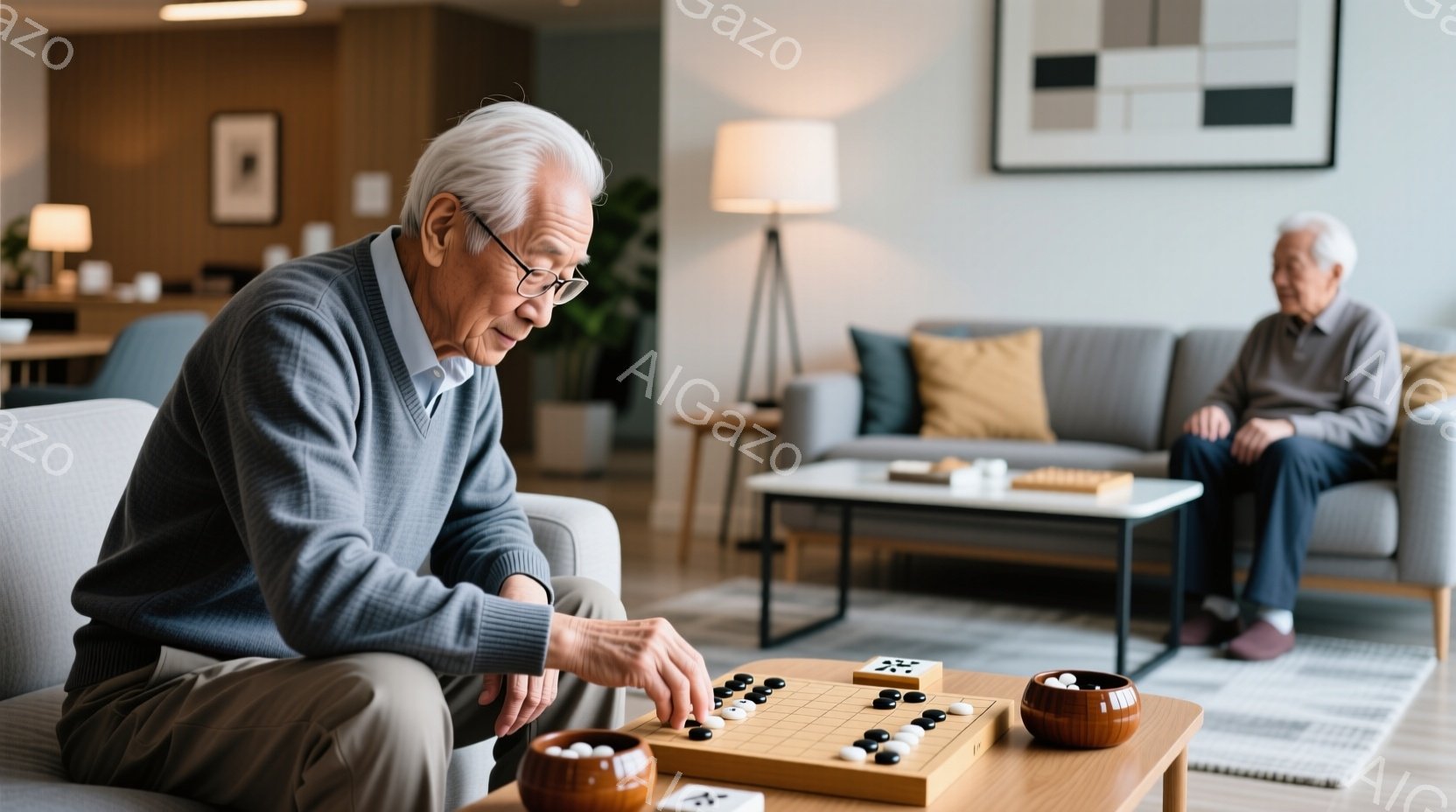 白髪で眼鏡をかけた高齢男性が、灰色のセーターを着て、囲碁の石を囲碁盤に置こうとしているところです。彼はソファに座って集中した表情でゲームに取り組んでおり、近くにはもう一人の男性がリラックスして座ってい - AI生成フリー素材