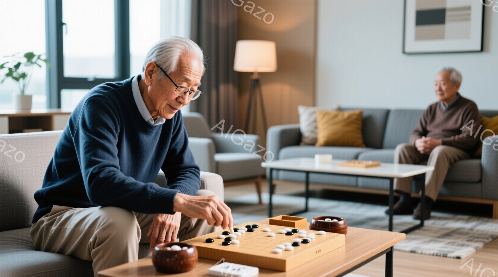 年配の男性がGo盤の前でGo石を配置しています。彼は紺色のセーターとベージュ色のズボンを身に着け、少し考え込んでいるような表情で集中して対局に取り組んでいます。背景には、窓から差し込む自然光が柔らかく - AI生成フリー素材