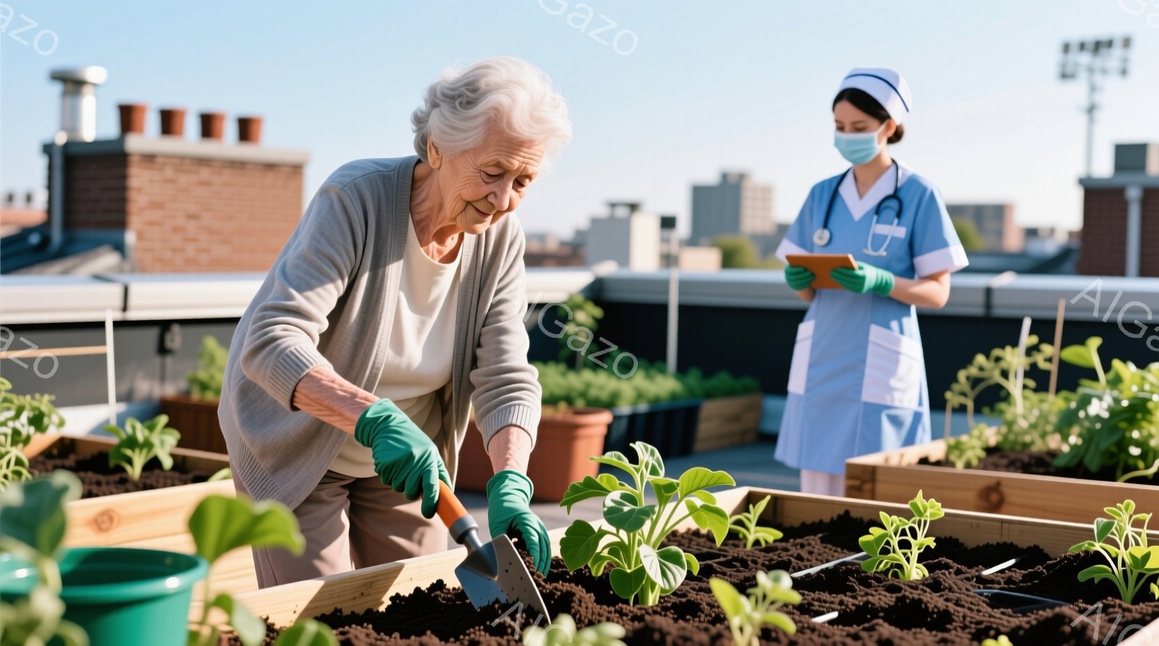 白髪の老婦人が、屋上のプランターでガーデニングをしている様子が写っている。彼女は薄いグレーのセーターと緑色のガーデニンググローブを着用し、手には小さなシャベルを持っている。背景には、医療従事者の女性がタブレットを見ながら立っており、晴れた青空と都市の建物が広がっている。