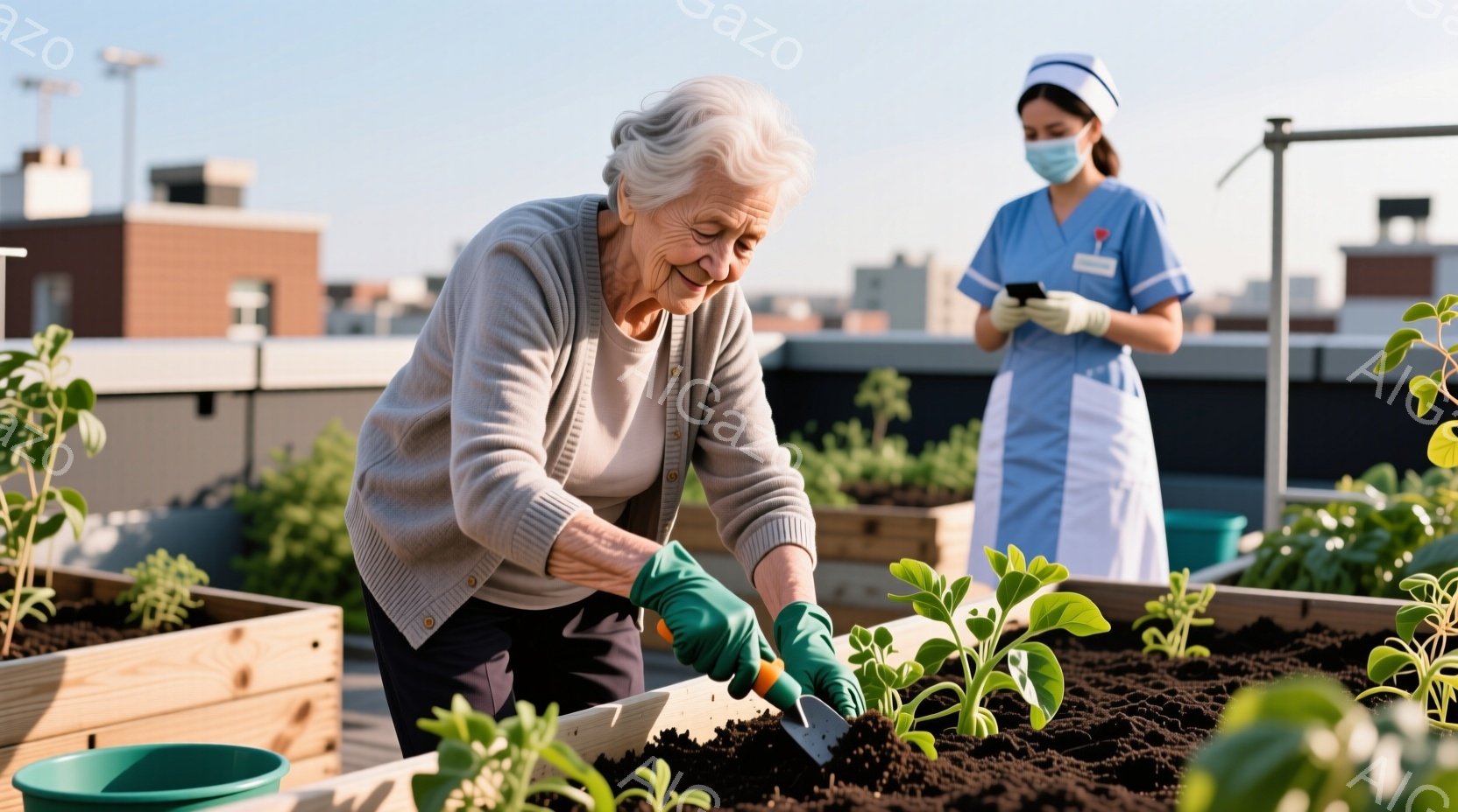 白髪の老婦人が、屋外の菜園で土を耕しています。彼女は薄いグレーのカーディガンを着ており、緑色のガーデニンググローブを着用しています。背後には、医療制服を着てスマートフォンを操作する女性がおり、背景には建物と晴れた空が広がっています。