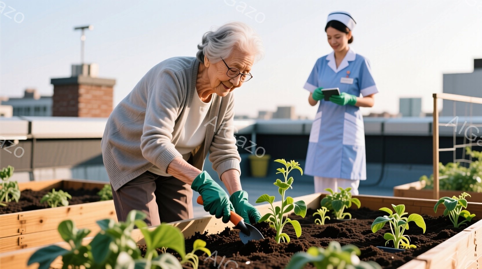 高齢の女性が菜園で植え付け作業をしている様子が写っています。彼女はセーターとズボンを身につけ、園芸用手袋と小さなシャベルを使って苗を植えています。背景には、建物と青空が広がり、一人の看護師がタブレットを持って立っています。