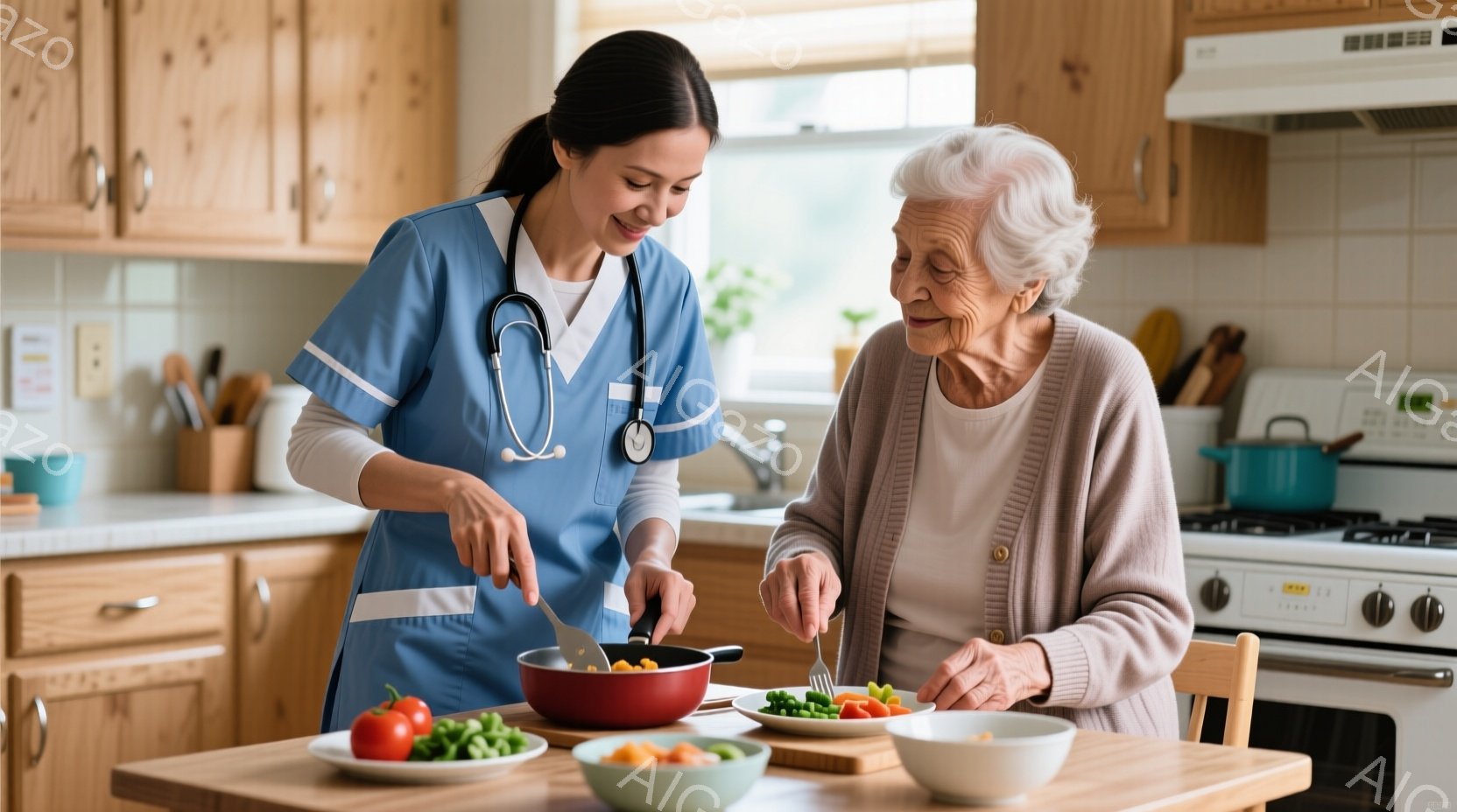 看護師らしき女性がエプロンと聴診器をつけて、キッチンで野菜を刻んでいます。彼女は笑顔で、高齢の女性がそれを見て、刻んだ野菜を皿に盛り付ける手伝いをしています。背景には木製のキッチンキャビネットや調理器 - AI生成フリー素材