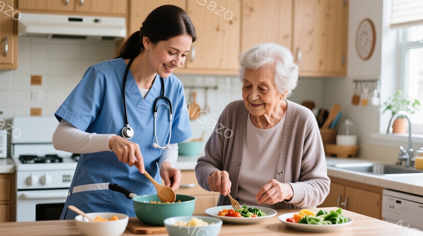 白衣とステットスコープを身につけた若い女性が、ボウルの中で野菜を混ぜています。彼女は笑顔で、年配の女性はフォークでサラダに野菜を盛り付けています。キッチンは明るく、清潔感があり、暖かく、家庭的な雰囲気です。