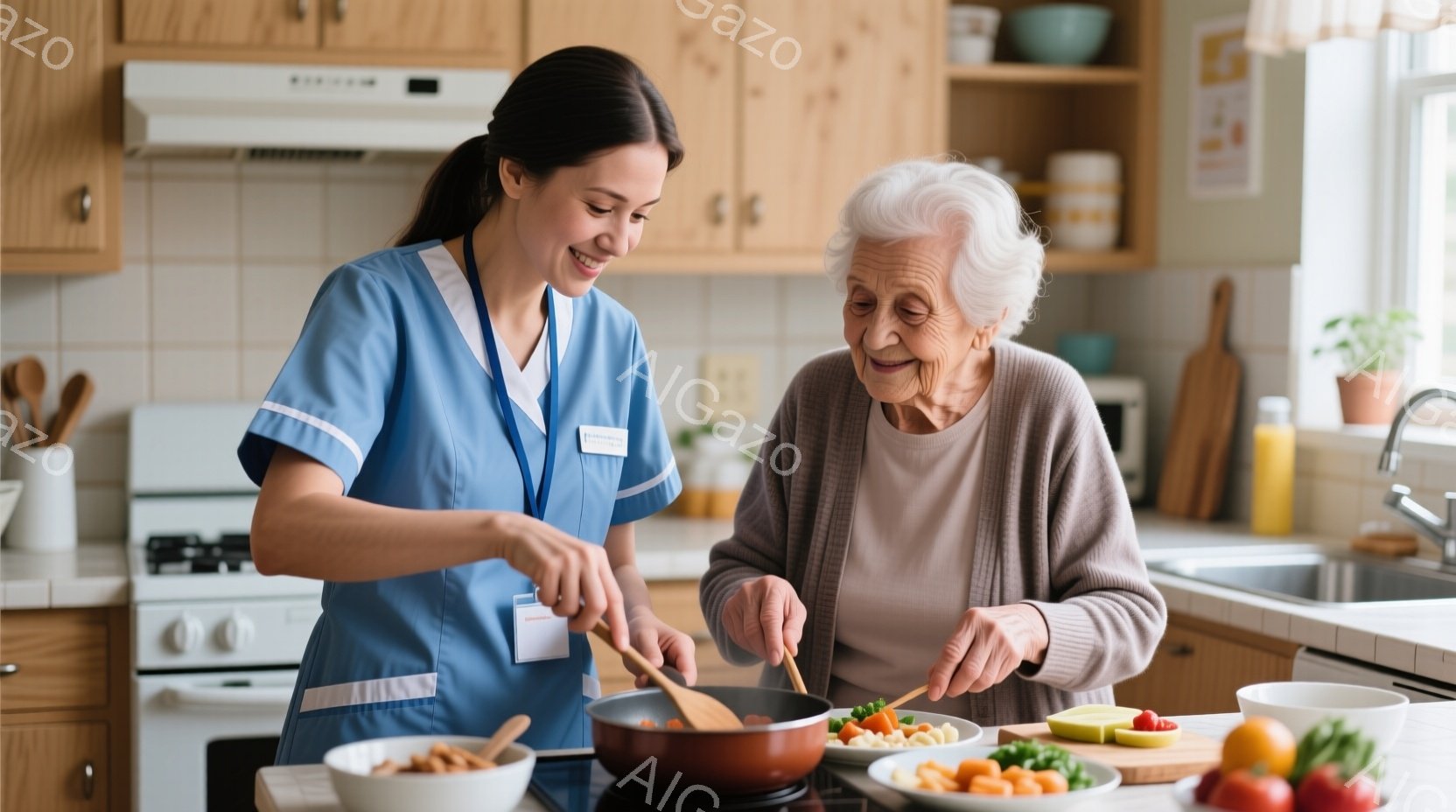 白衣を着た若い女性がフライパンで野菜を炒めており、隣にはグレーのカーディガンを着た白髪の高齢女性が立っています。二人は笑顔で料理をしており、キッチンには調理済みの野菜が入ったボウルや果物が置かれています。背景にはキャビネットやシンクがあり、明るく清潔感のある家庭的な雰囲気です。