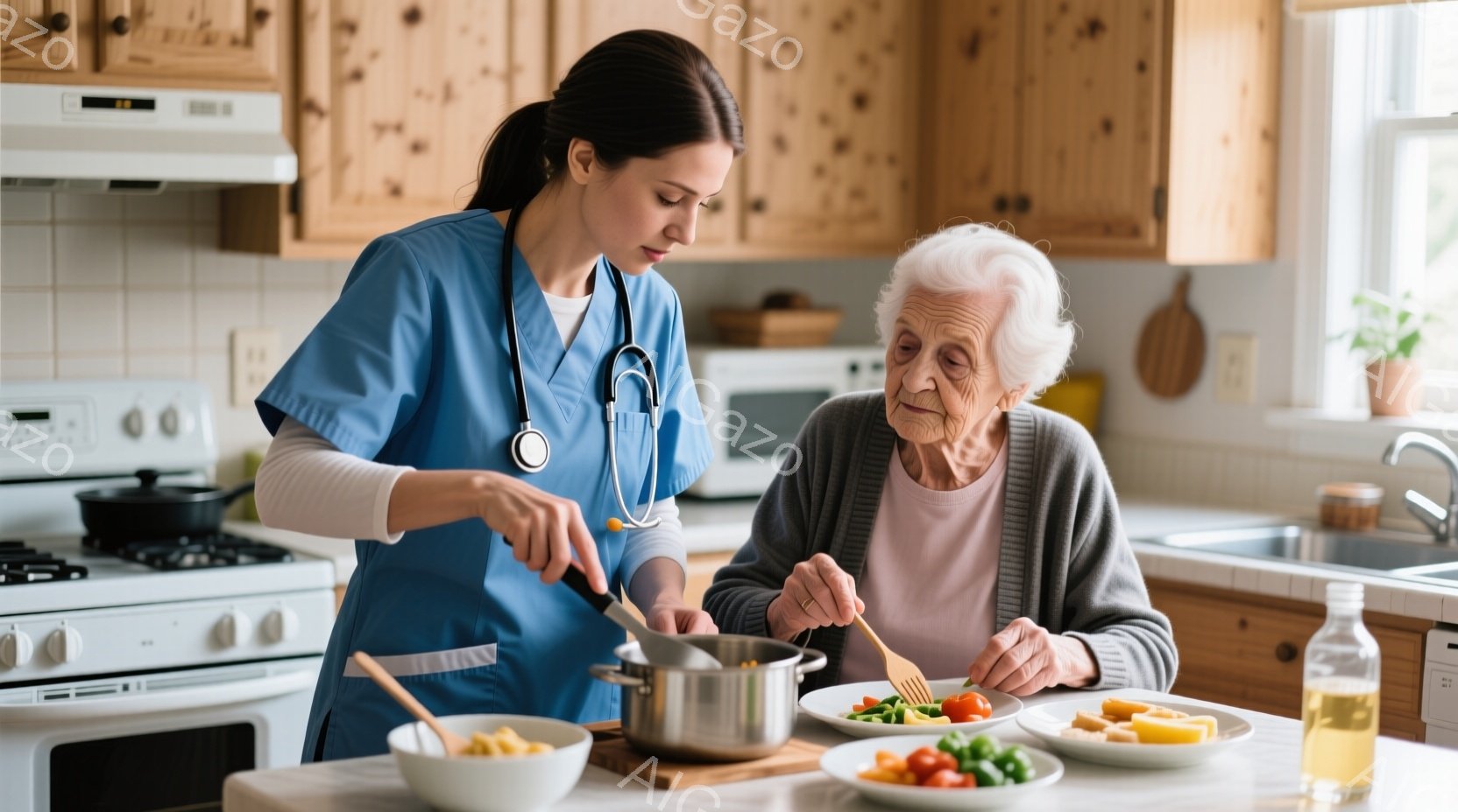 看護師と思われる女性が、薄茶色の制服と白衣、首には聴診器をかけ、鍋で何かを調理している。高齢の女性は椅子に座り、サラダをフォークでつつきながら微笑んでいる。背景にはキッチンがあり、白い冷蔵庫や木製のキャビネット、調理器具が見え、温かく穏やかな家庭的な雰囲気が漂っている。