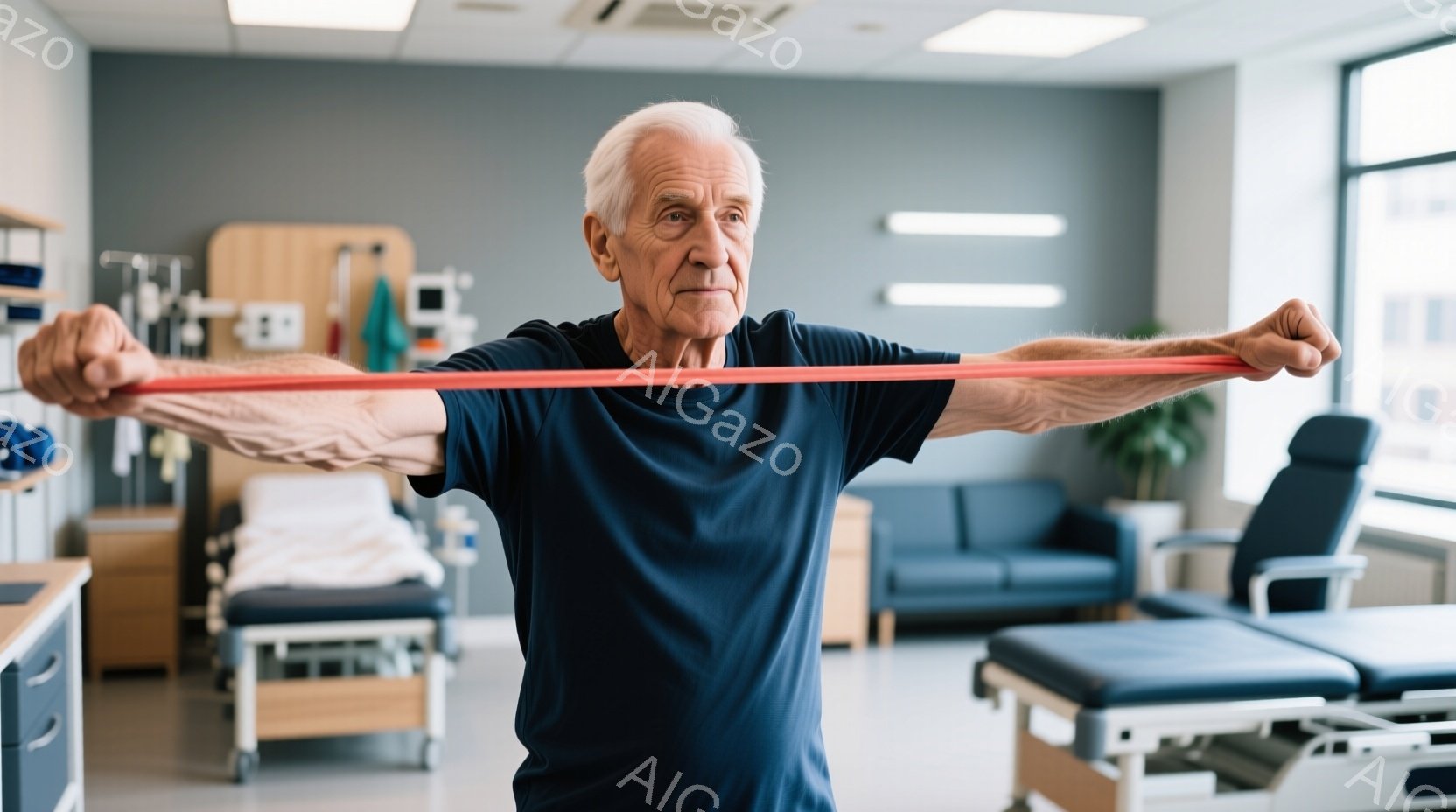 白髪でしわが刻まれた高齢男性が、暗い青色のTシャツを着て、赤いエクササイズバンドを両手で水平に伸ばしています。彼はまっすぐ立っており、集中した表情でリハビリトレーニングを行っているようです。背景には医療機器やベッドが並び、病院またはリハビリテーションセンターのような室内が広がっています。