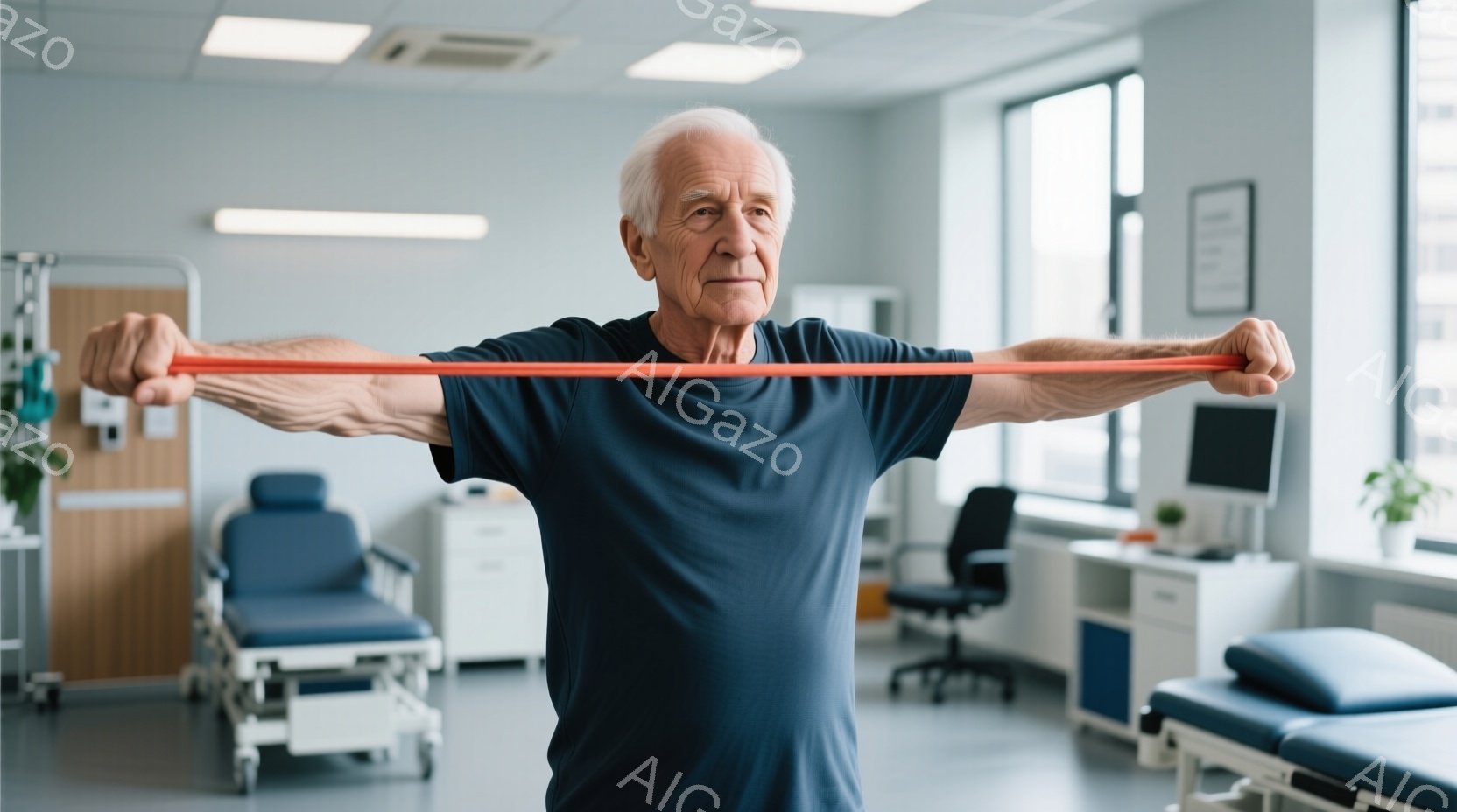 白髪の高齢男性が、病院のような部屋でリハビリのゴムバンドを両手で横に伸ばしています。彼は濃い青のTシャツを着ており、表情は真剣で、リハビリに集中している様子が伺えます。背景には医療用のベッドや椅子、コンピューターが配置され、清潔感のある明るい室内となっています。