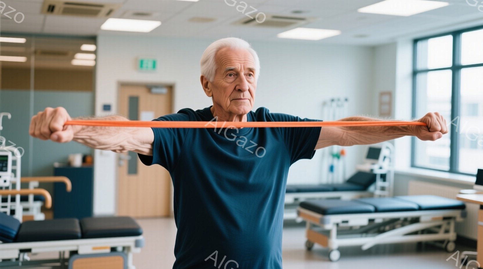 白髪でしわが刻まれた男性が、青色の運動用シャツを着て、オレンジ色のエクササイズバンドを両手で広げています。彼は真っ直ぐ立っており、やや緊張した表情でリハビリテーションに取り組んでいる様子です。背景には - AI生成フリー素材