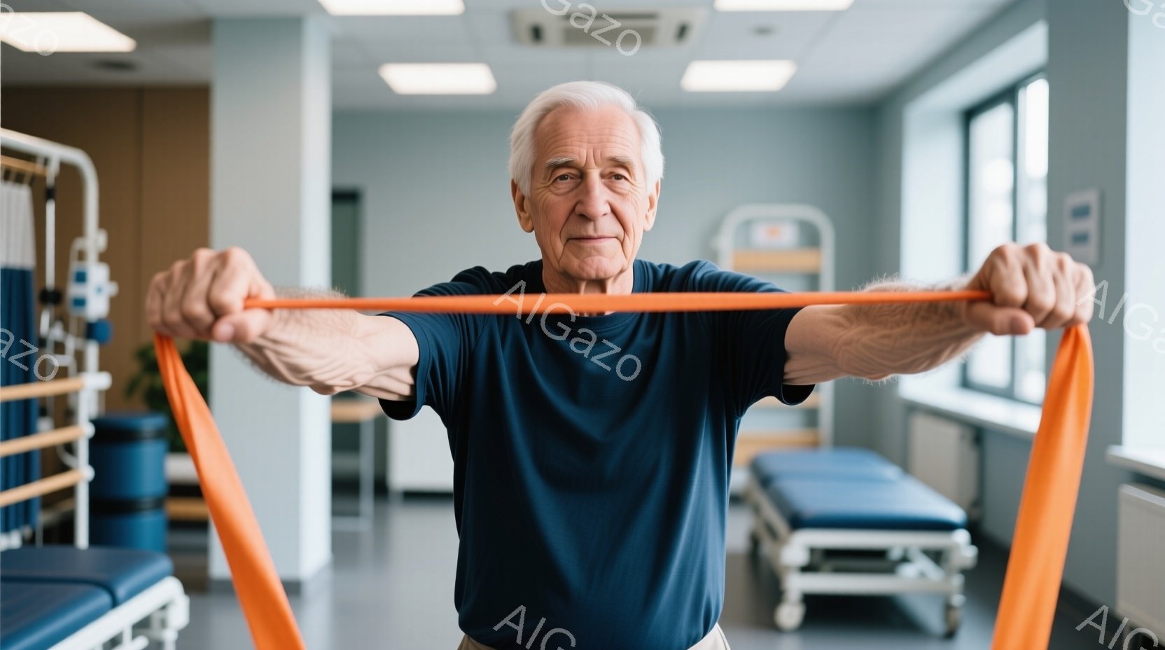 白髪でしわが刻まれた男性が、明るい青色のTシャツと白いズボンを身に着け、オレンジ色のエクササイズバンドを両手で水平に引き伸ばしている。彼はまっすぐ立ち、少し緊張した表情で前を見据えている。背景には、医 - AI生成フリー素材