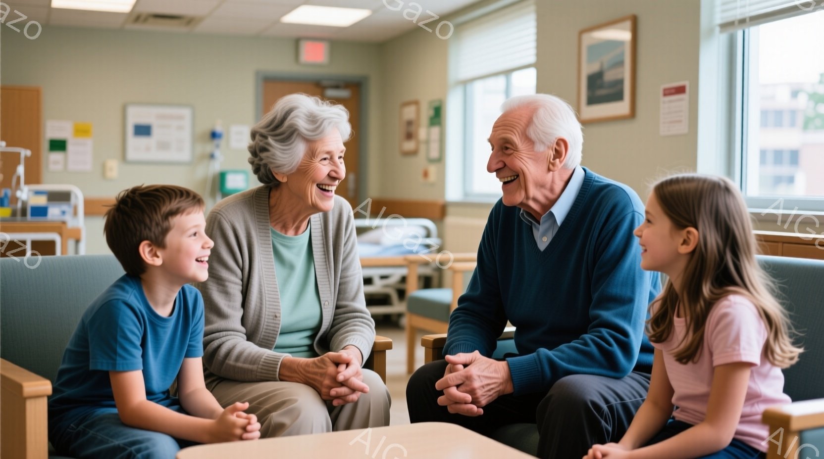 少年と少女が、病院の待合室で笑顔で祖父母と向かい合って座っています。祖母はカーキ色のカーディガンを着ており、祖父は青いセーターを着ています。背景には病院のベッドや医療機器が見え、全体的に温かく、心安らぐ雰囲気が漂っています。