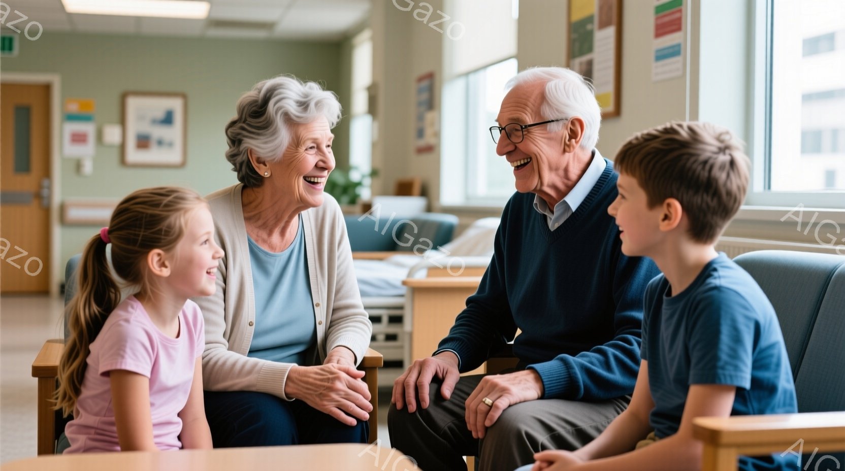 高齢の女性と2人の幼い少年がテーブルを囲んで座っており、皆笑顔で互いに話している様子が描かれています。女性はグレーがかった茶色の髪を短くまとめ、薄い水色のセーターを着ています。少年たちはそれぞれピンク - AI生成フリー素材
