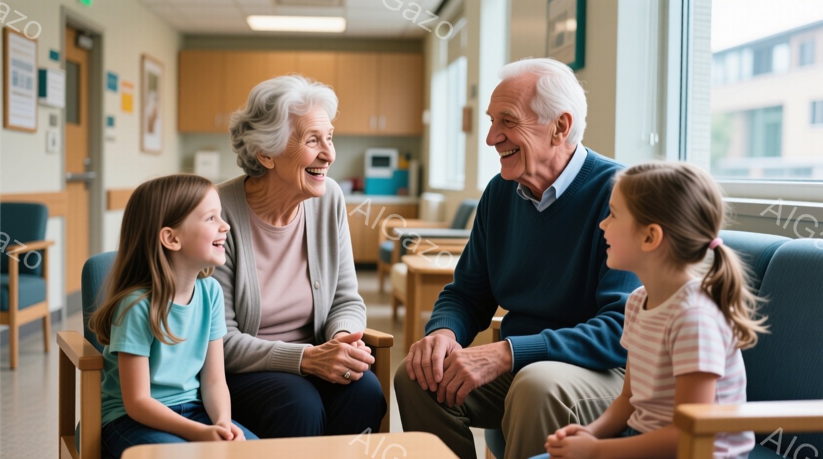 2人の小さな女の子と一対の高齢の夫婦が、病院のような待合室で向かい合って座っています。女性は薄いグレーのカーディガンを着ており、男性は紺色のセーターを着ています。両者は笑顔で、子供たちは興奮して話している様子で、壁にはポスターや掲示物が貼られており、窓の外には建物が見えます。