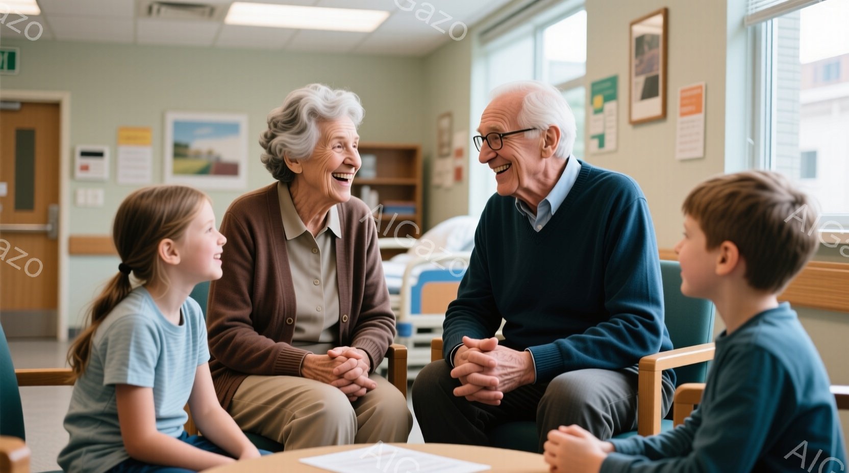 少女と少年が、病院の待合室で高齢の男女と円卓を囲んで座り、楽しそうに話している様子が写っている。女性は灰色の髪を短くまとめ、カーディガンを着て、笑顔で少年を見つめている。男性は紺色のセーターを着ており、両手で膝の上を組み、優しく微笑んでいる。