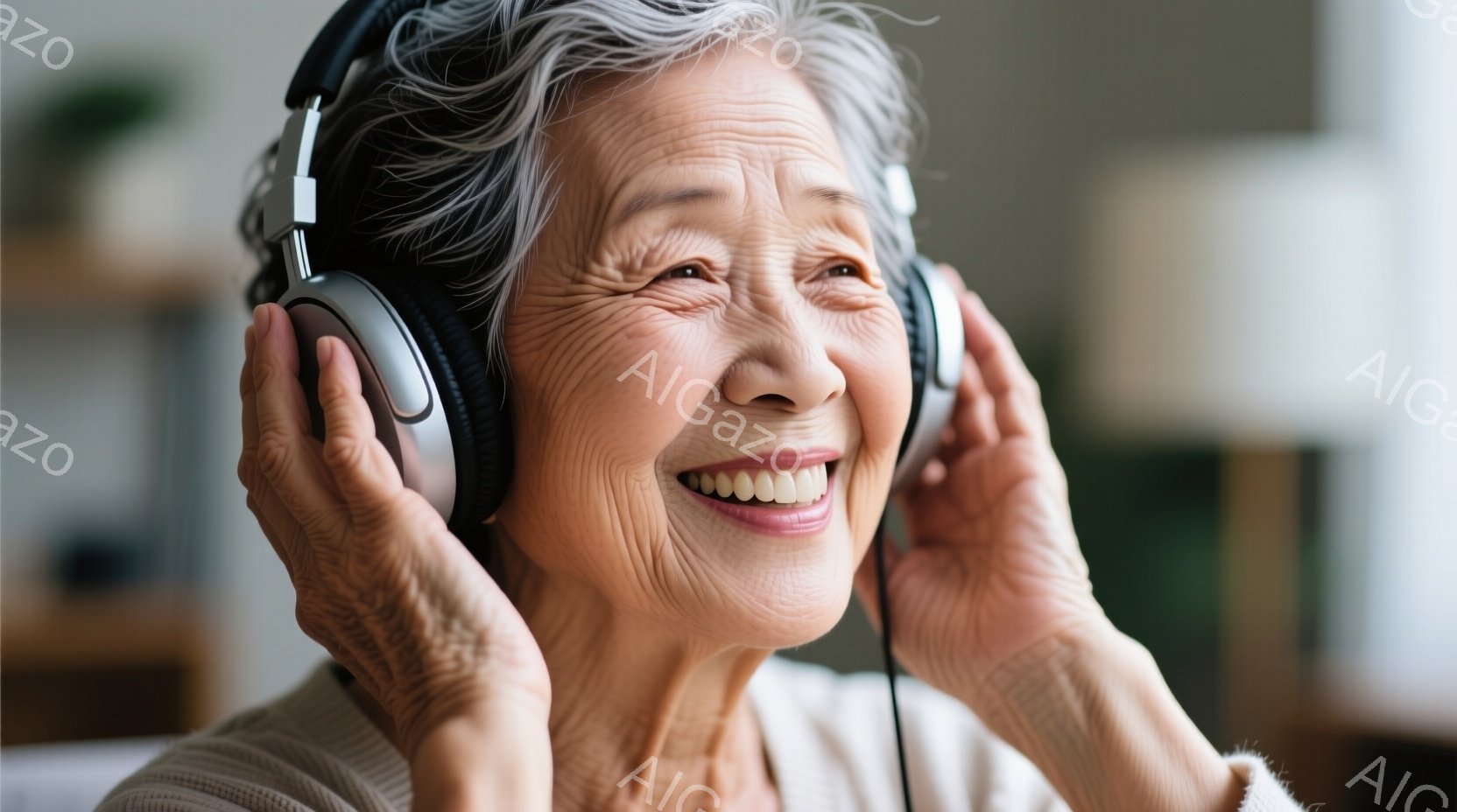 白髪の女性がヘッドホンを装着し、満面の笑みを浮かべている。彼女は薄いベージュ色のセーターを着ており、背景はぼやけた室内で、暖かく穏やかな雰囲気が漂っている。シワや笑顔から、彼女の喜びとリラックスした様 - AI生成フリー素材