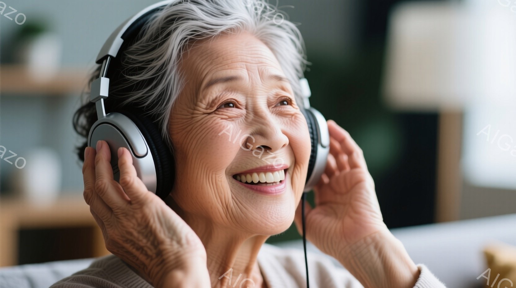 白髪の女性がヘッドホンをつけて微笑んでいます。彼女はベージュ色のトップスを着ており、表情は喜びにあふれています。背景にはぼやけた室内が見え、暖かく穏やかな雰囲気が感じられます。 - AI生成フリー素材