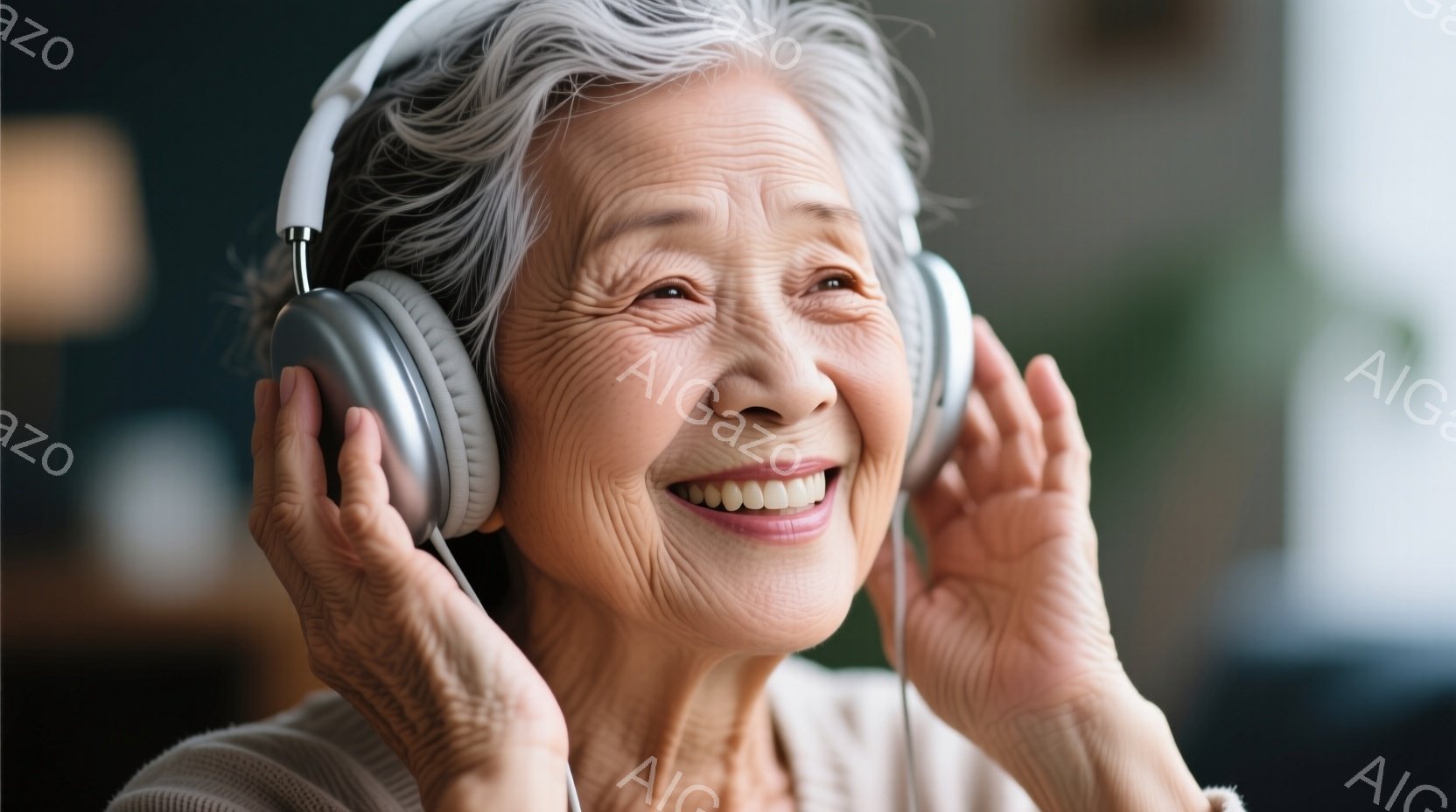 白髪の女性がヘッドホンを装着し、満面の笑みを浮かべています。薄いセーターを着ており、背景はぼやけていますが、室内であることが分かります。彼女の表情は喜びとリラックスに満ちており、音楽を楽しんでいる様子 - AI生成フリー素材