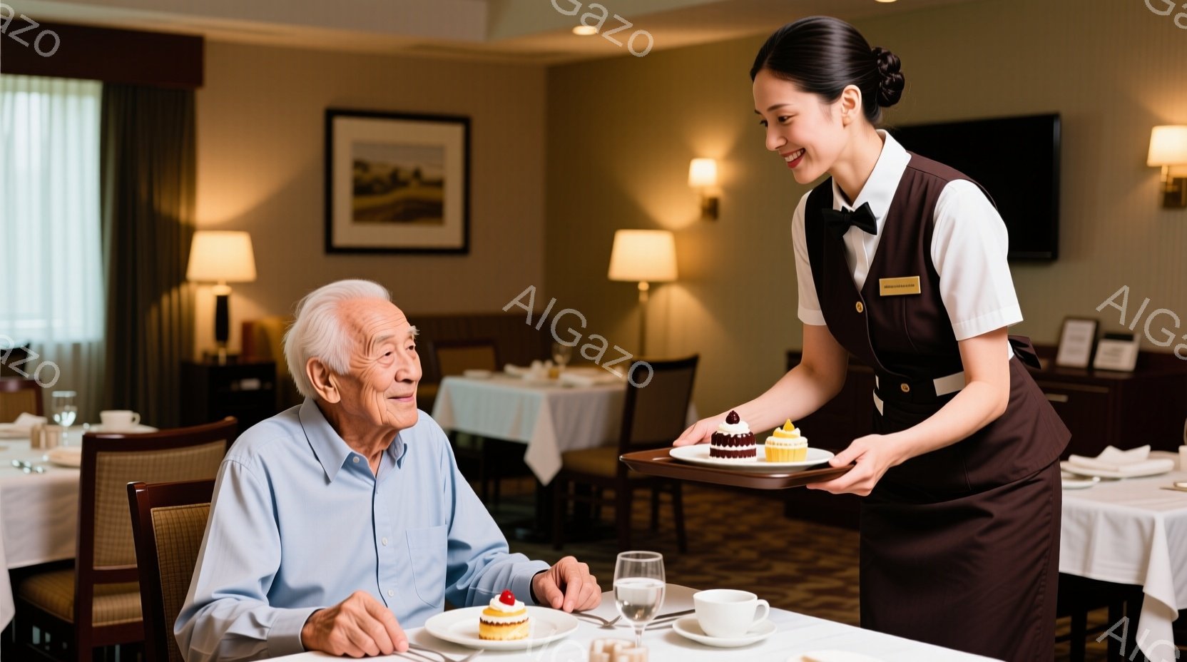 白髪の高齢男性がダイニングルームで食事を楽しんでいる場面です。彼は水色のシャツを着ており、微笑んでいます。若い女性スタッフが、チョコレートケーキとクリームケーキを載せたトレイを持って彼に近づき、笑顔で提供しようとしています。