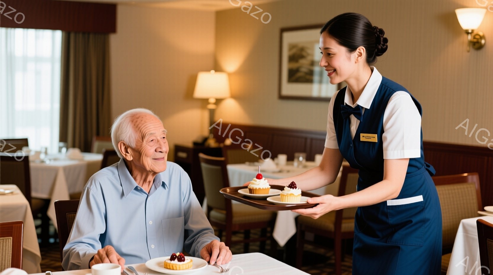 レストラン内でのシーンを示しています。中年男性と女性従業員（ウェイトレス）が一緒にテーブルに座っています。男性は顔色が落ち、味方的です。ウェイトレスは笑顔で、お客様に接しており、彼女は正面から撮影されています。 テーブルは美しく布置され、フランスパンとデザートが提供されているようです。レストランのインテリアは品質が高く、優雅な雰囲気を演出しています。