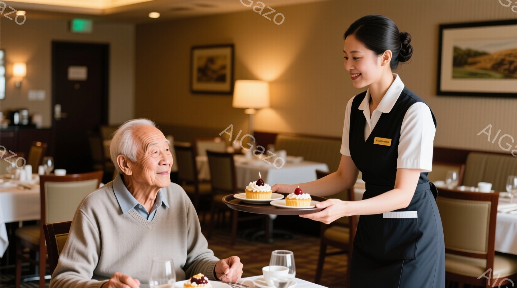 白髪の高齢男性が椅子に座り、優しい笑顔を浮かべている。若い女性スタッフは、片手にカップケーキを乗せたトレイを持ち、男性に向かってそれを提供しようとしている。背景は、白いテーブルが並んだ明るいレストランで、落ち着いた雰囲気が漂っている。