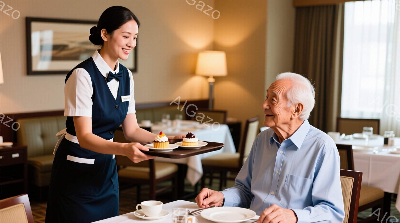 1. 女性の服装は営業服（黒と白のユニフォーム）、髪は長い、表情は微笑。 2. 男性の服装はカジュアルなシャツ、髪は短く、表情は温かい笑顔。 3. 背景はホテルレストランのインテリアで、空間は明るく、快適な雰囲気。