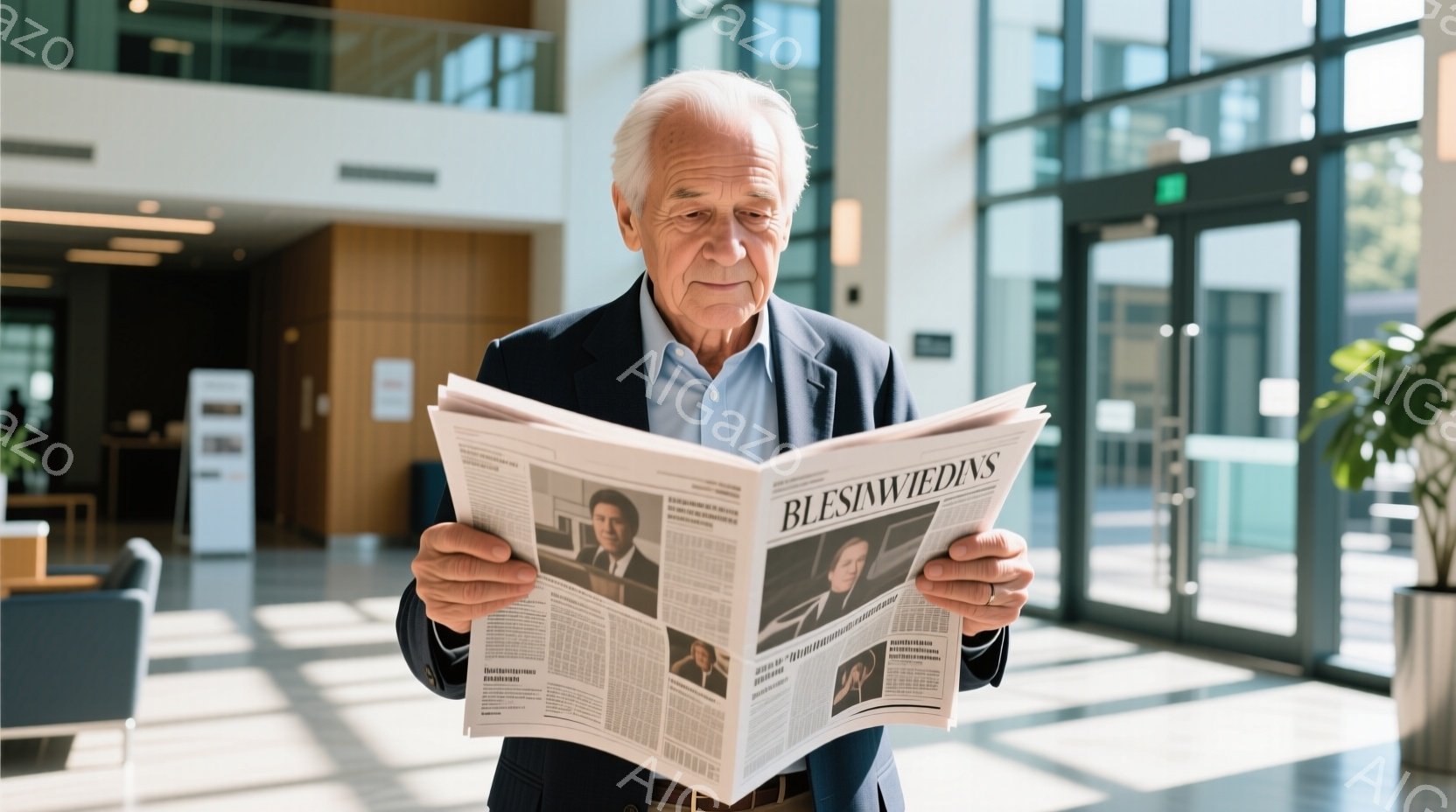 白髪で高齢の男性が、薄暗い部屋で新聞を読んでいます。彼は紺色のスーツに水色のシャツを着ており、真剣な表情で新聞に集中しています。背景はガラス張りの建物内部で、モダンなインテリアと自然光が差し込んでおり - AI生成フリー素材