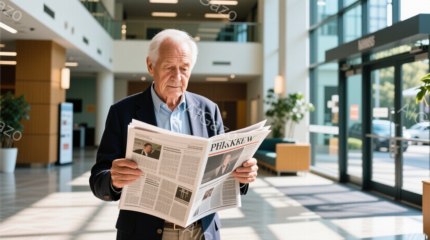老人は新聞を手に、空間内の大きな窓から日光が流れる室内。慎重な表情とリラックスした姿勢で新聞を読み、周りは人や物事があまりなく安静な空間です。