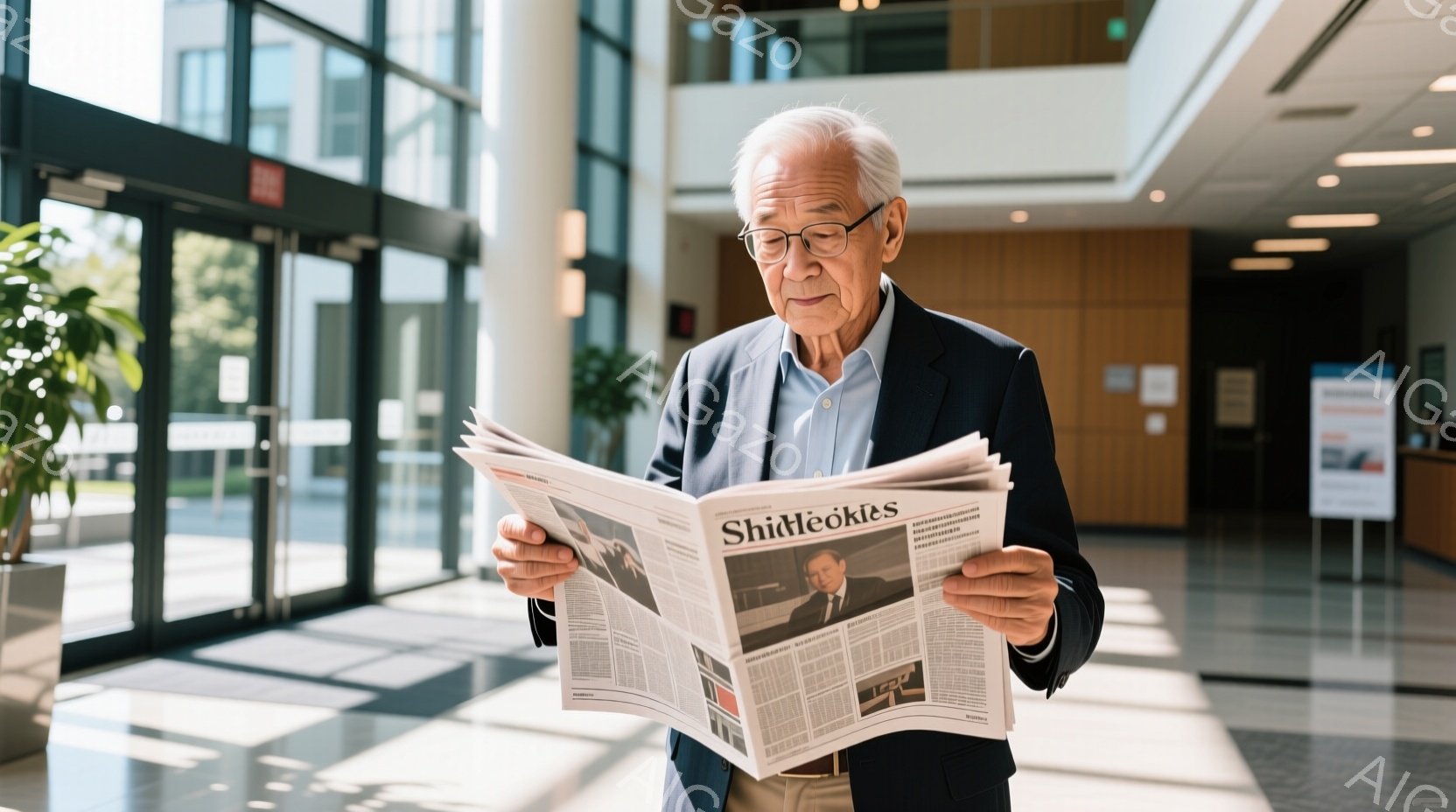 白髪の高齢男性が、新聞を読んでいます。彼は紺色のジャケットと水色のシャツを着ており、眼鏡をかけています。背景はガラス張りの近代的な建物内部で、自然光が差し込み、明るく開放的な雰囲気です。 - AI生成フリー素材