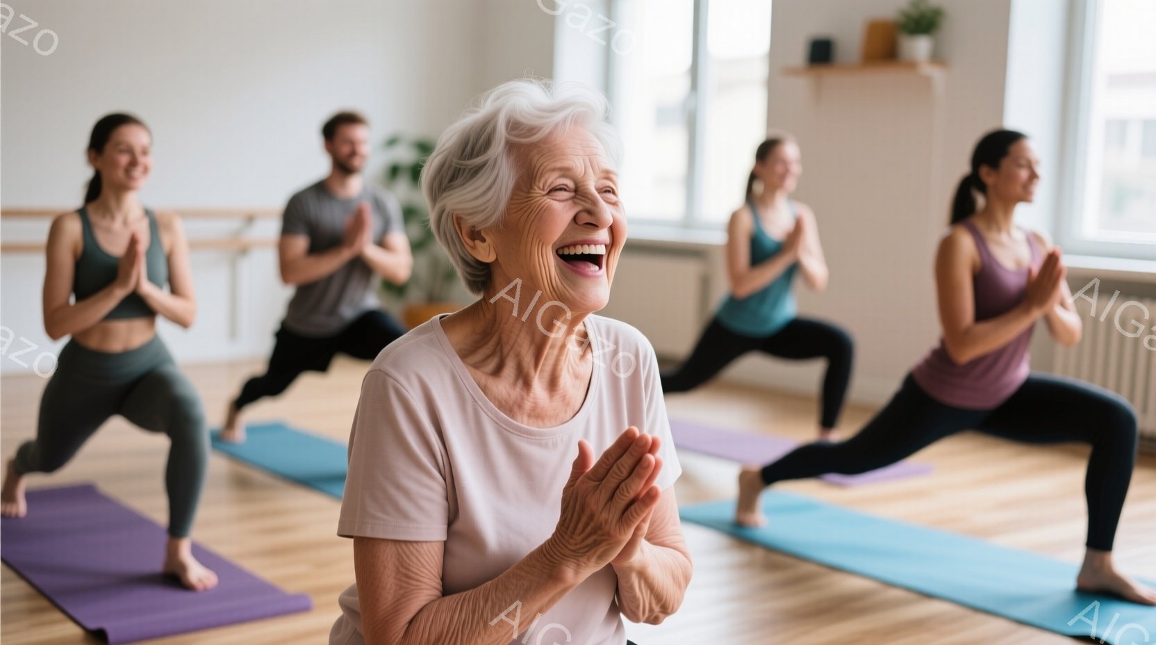 ヨガマットの上でランジのポーズをとる4人の人々が写っています。先頭にいるのは、白髪で笑顔の高齢女性で、両手を胸の前で合わせています。背景には木製の床と白い壁があり、リラックスした雰囲気のヨガスタジオの - AI生成フリー素材
